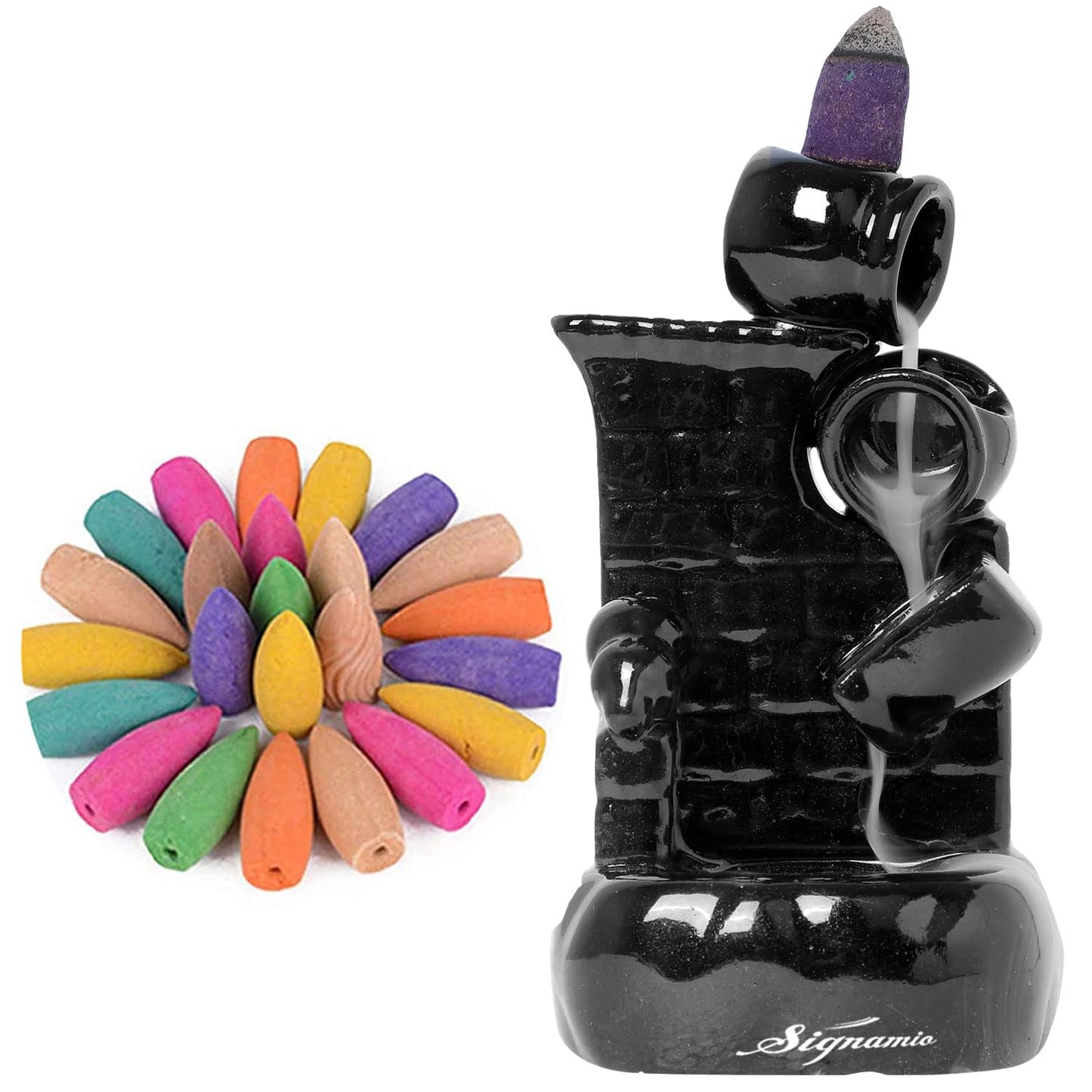Signamio Ceramic Backflow Incense Fountain - 30 Cones Included for Pooja Meditation, Elegant Backflow Incense Holder, Aesthetic Incense Burner for Decor-DN-16