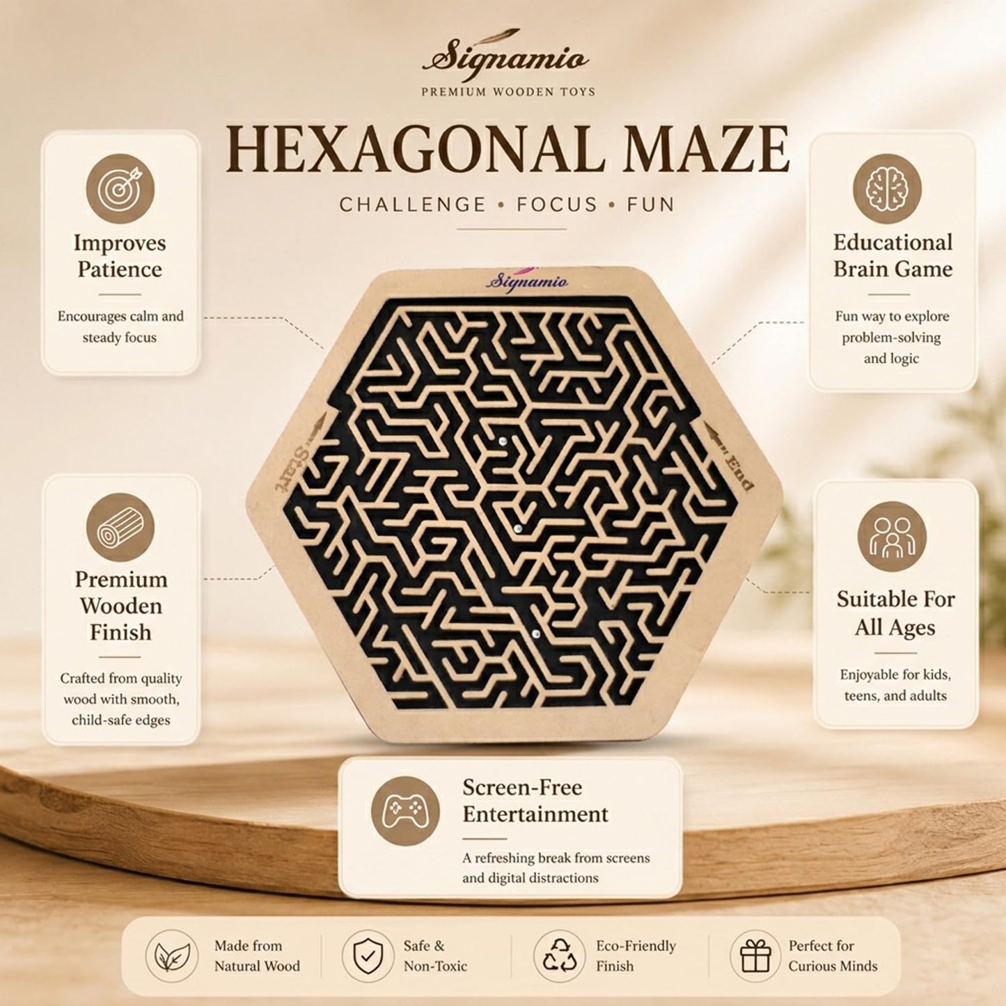 SIGNAMIO® Indoor Wooden Puzzle Game Hexagon Maze Ball - Engaging Mind Games for Kids & Adults, Perfect Brain Teaser & Time Pass Activity, Ideal Wooden Board Game for All Ages
