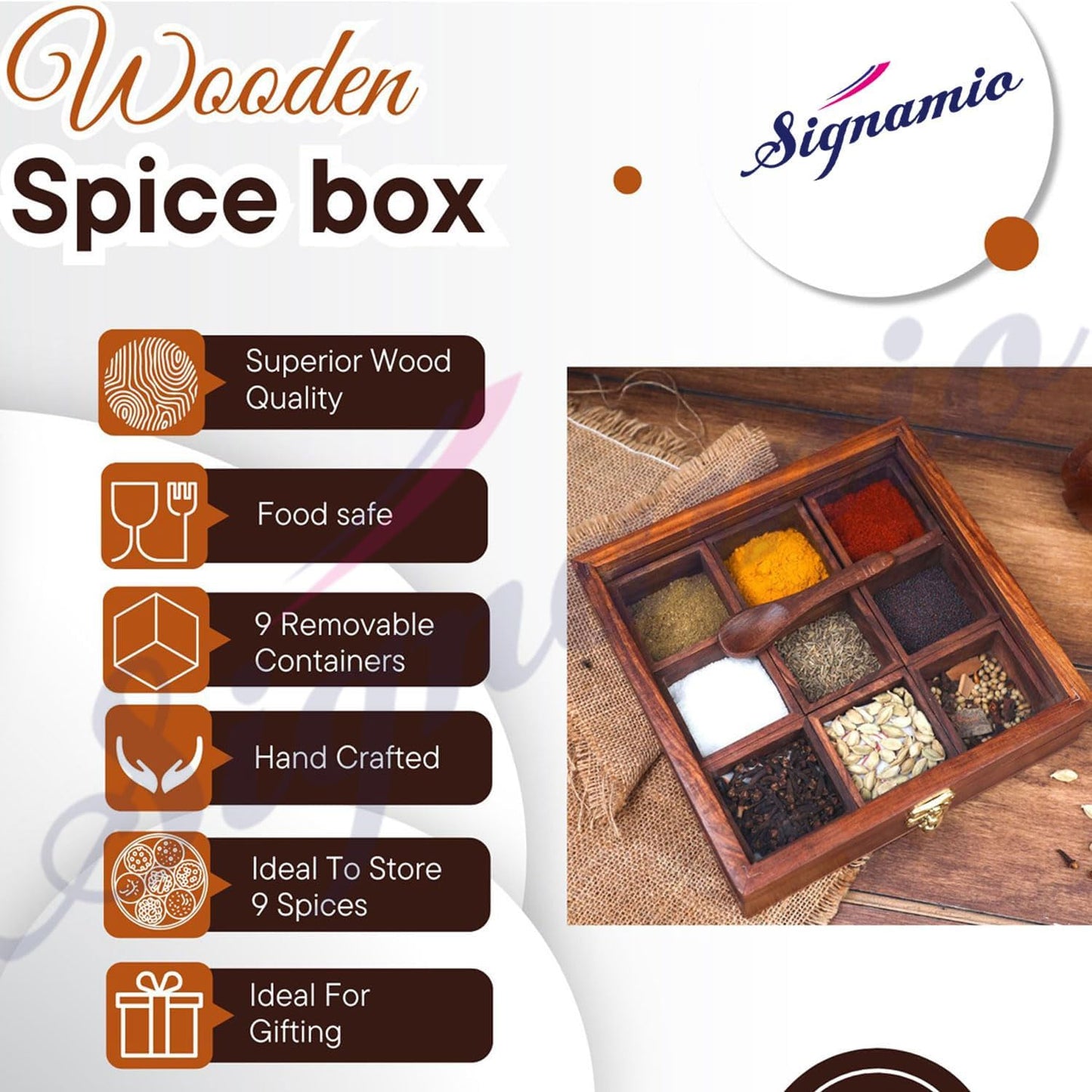 SIGNAMIO® Square Wooden Spice Box with Detachable Containers and Spoon, Transparent Glass Masala dani for Kitchen Storage, Anjarai Petti Style Organizer, Perfect Wooden Masala Box for Kitchen Use