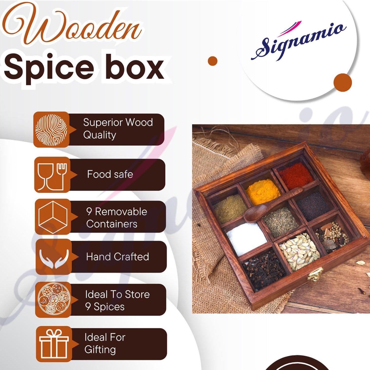 SIGNAMIO® Square Wooden Spice Box with Detachable Containers and Spoon, Transparent Glass Masala dani for Kitchen Storage, Anjarai Petti Style Organizer, Perfect Wooden Masala Box for Kitchen Use