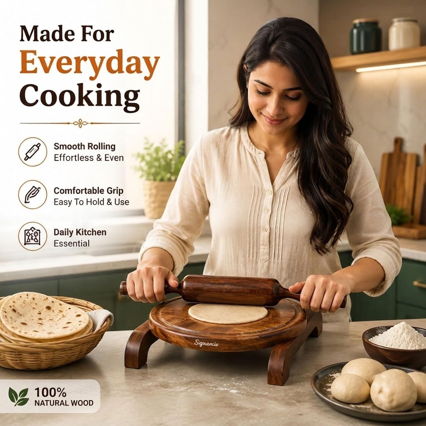 SIGNAMIO® Wooden Chakla Belan Set for Kitchen - Roti Maker with Rolling Pin and Board Stand - Perfect Chapati Rolling Board and Polpat Latna for Effortless Roti and Chapati Preparation