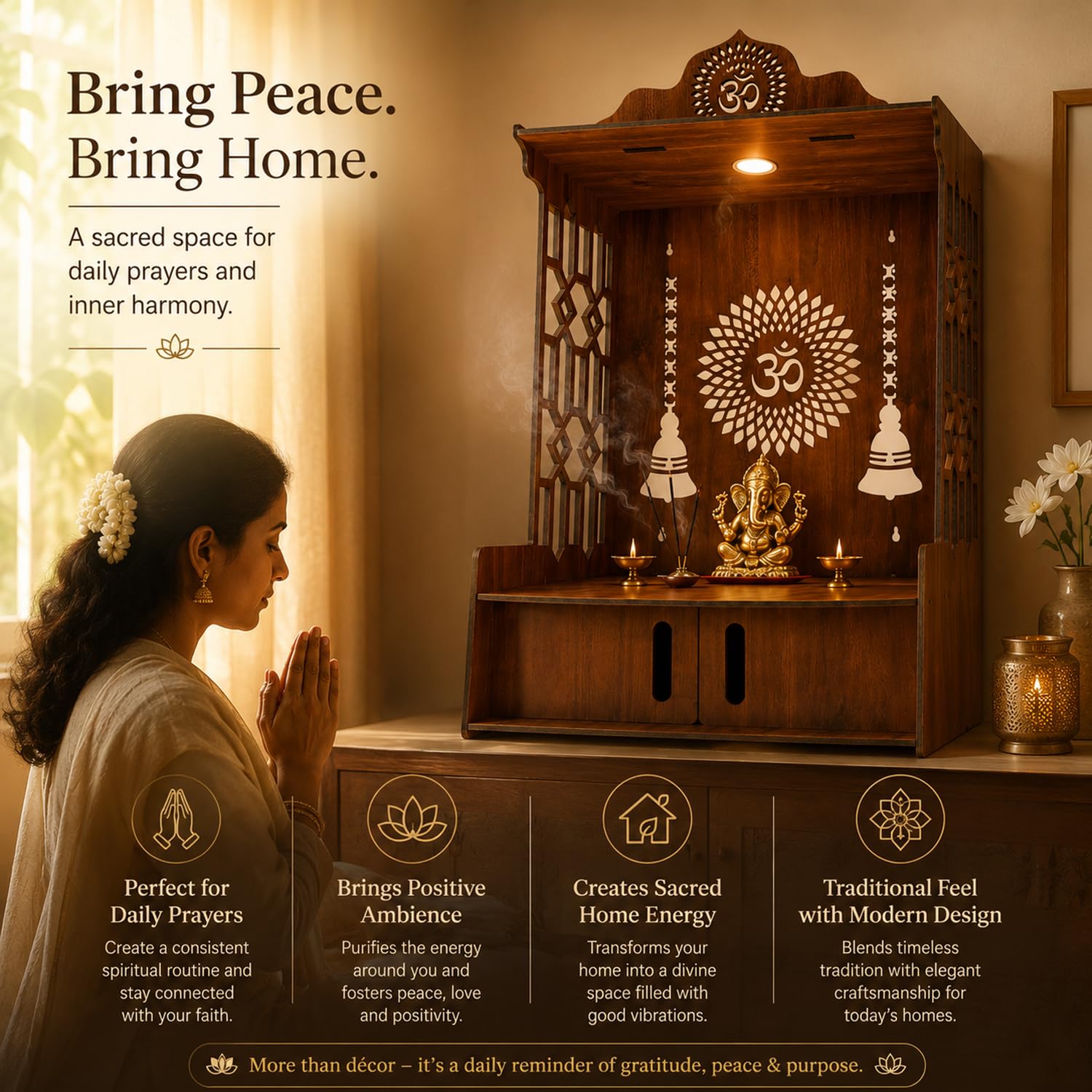 SIGNAMIO Mandir for Home with LED Light | Wooden MDF Puja Mandir | Wall Mounted Temple | Home Temple with Storage Drawer | Decorative Wooden Temple for Living Room & Prayer Room