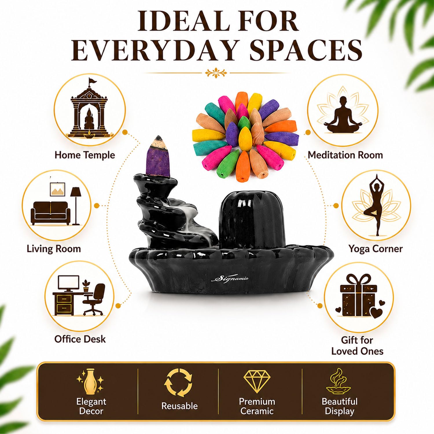 Signamio Aromatic Essence of Ceramic Shivling Shiva Backflow dhoop Smoke Fountain Incense Burner Holder with 30 Cones - Incense Holder for Meditation and Home Decor-MA-17