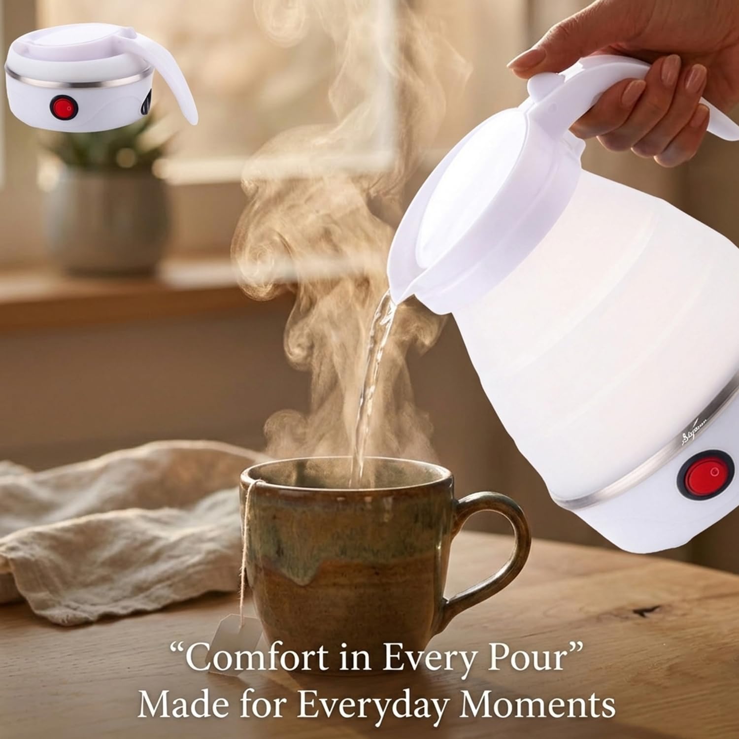 Signamio Electric Kettle - Portable for Travel, Foldable Silicone Travel Kettle, Compact and Lightweight, Ideal for Camping,Office, and Hotel Use, Quick Boil - 220V-600ML - White