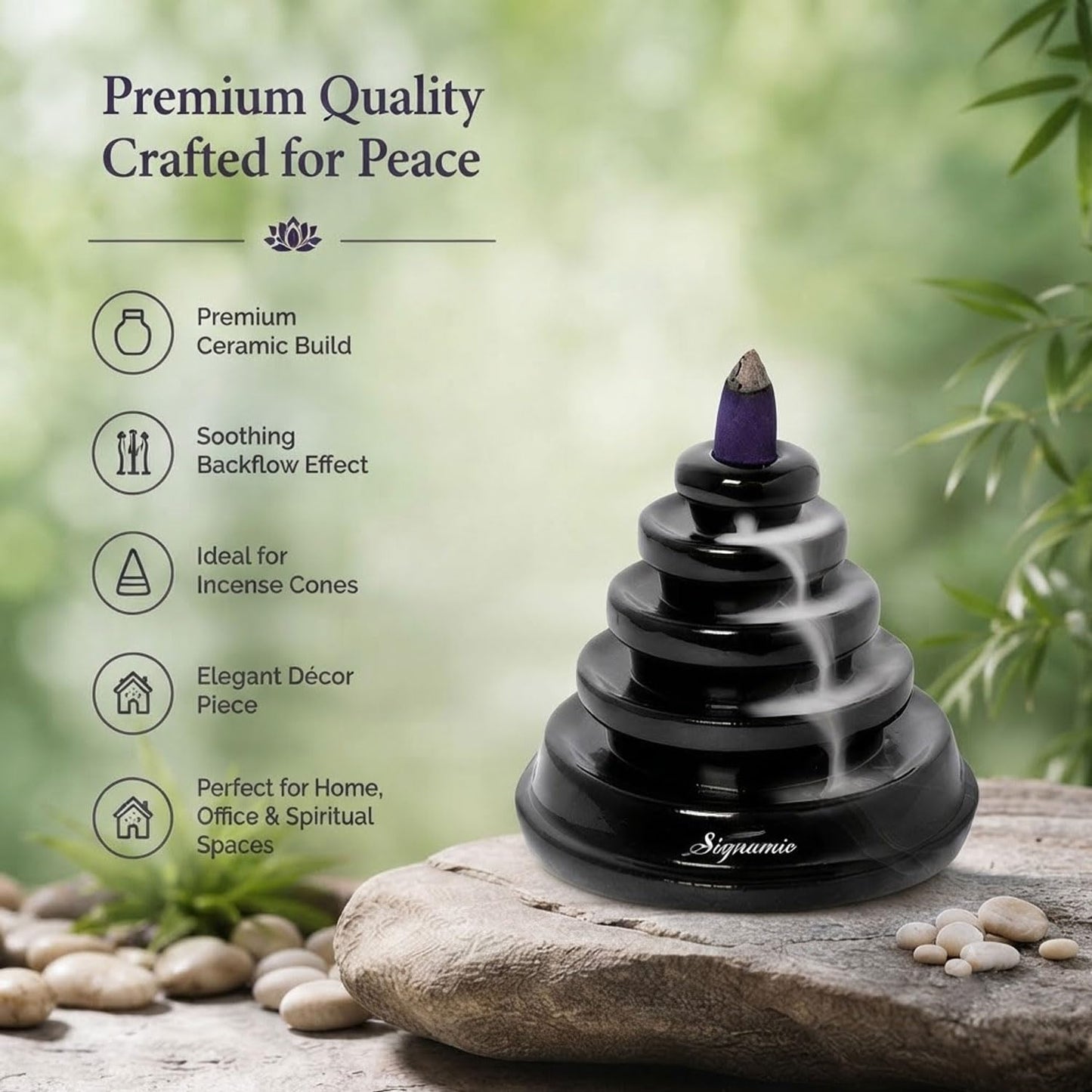 Signamio Ceramic Backflow Incense Fountain - 30 Cones Included for Pooja Meditation, Elegant Backflow Incense Holder, Aesthetic Incense Burner for Decor-DN-16