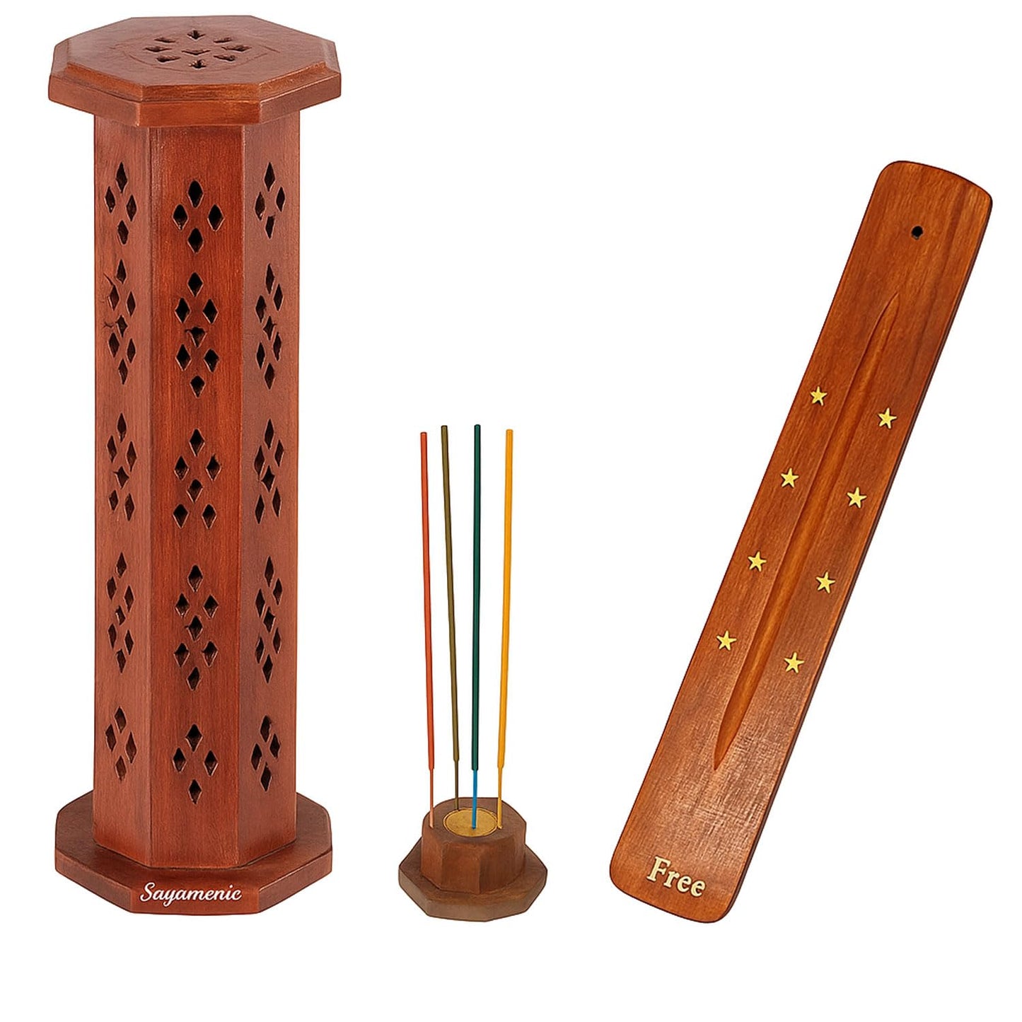SIGNAMIO® 2pcs Wooden Tower Agarbatti and Dhoop Holder Premium Incense Stick Stand with Ash Catcher for Pooja Room Decoration - Puja Items for Home Mandir & Agarbatti Stand Holder with Storage Box