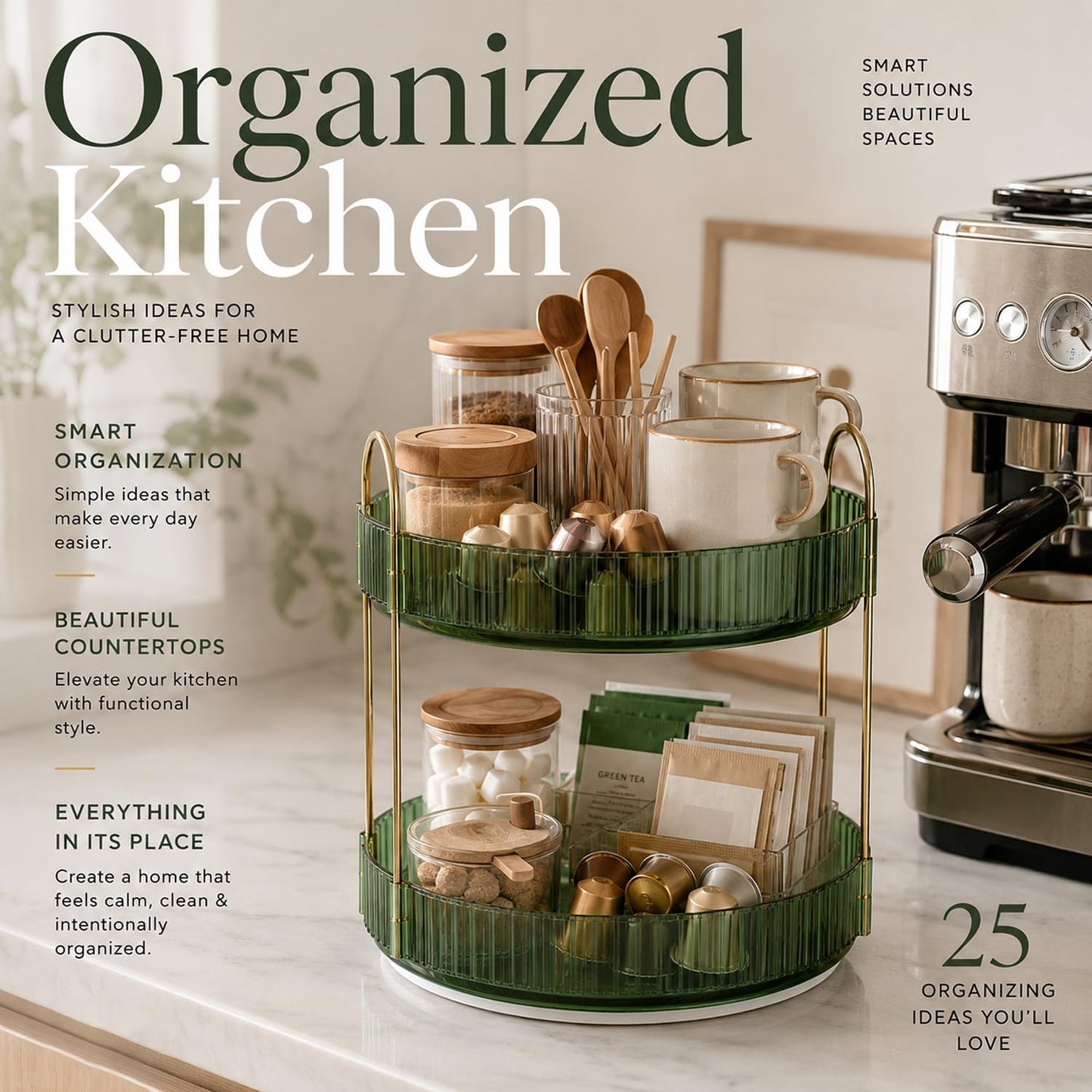 SIGNAMIO Gold 2-Tier 360 Rotating Tray Organizer Vintage Green