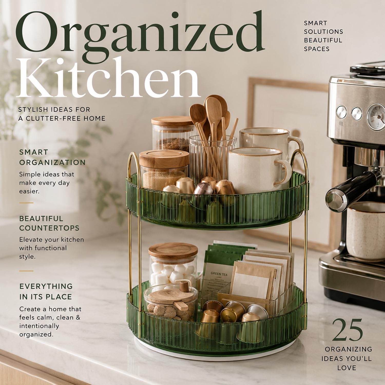 SIGNAMIO Gold 2-Tier 360 Rotating Tray Organizer Vintage Green