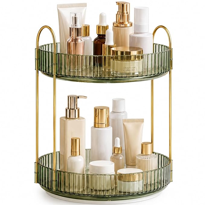 SIGNAMIO Gold 2-Tier 360 Rotating Tray Organizer Vintage Green