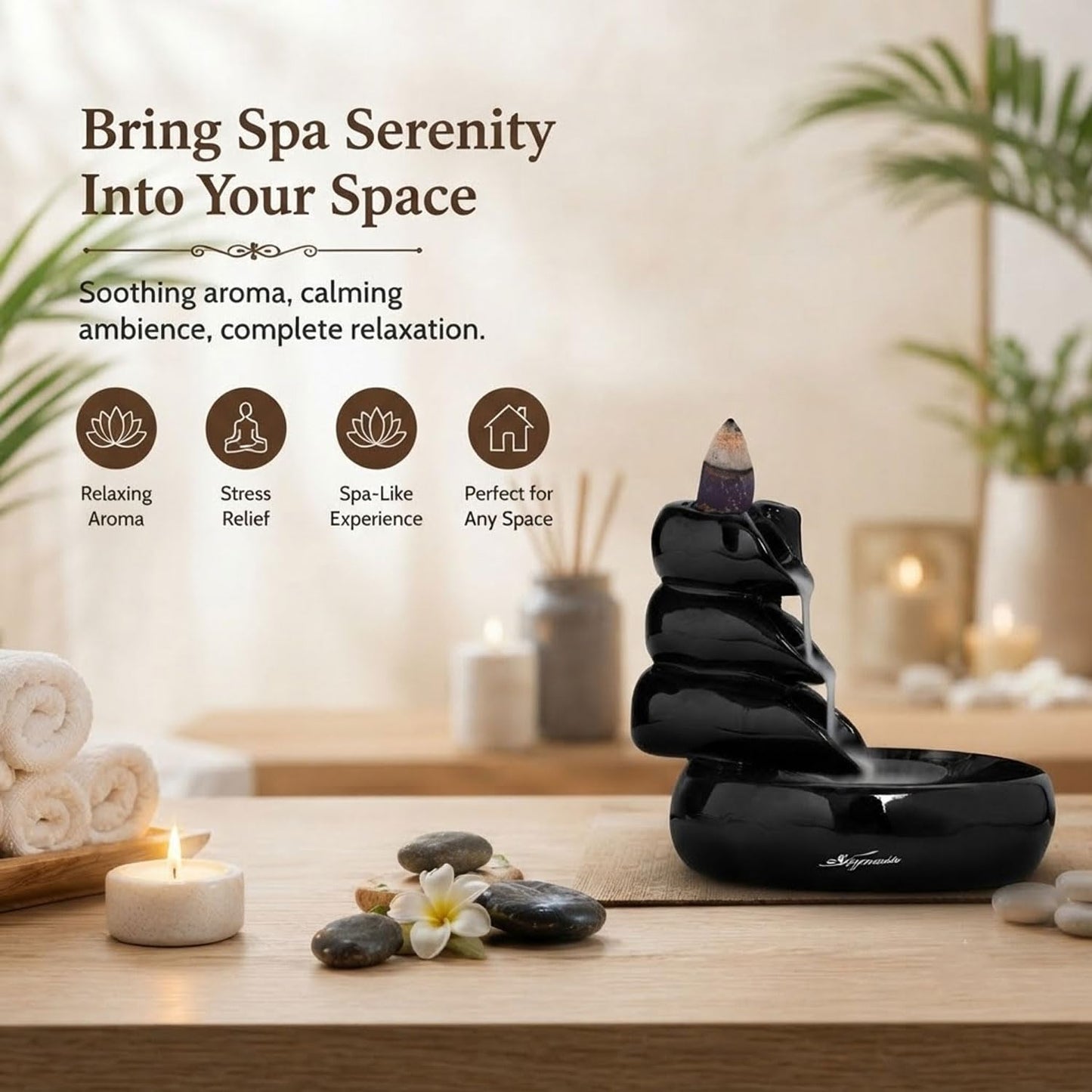 Signamio Ceramic Backflow Incense Fountain - 30 Cones Included for Pooja Meditation, Elegant Backflow Incense Holder, Aesthetic Incense Burner for Decor-DN-24