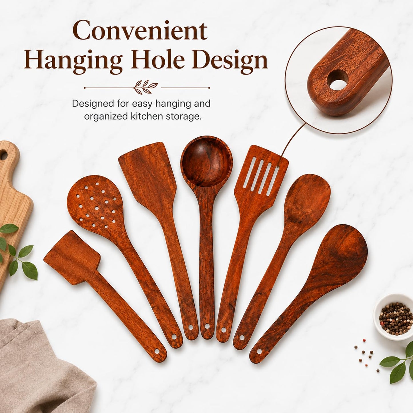 SIGNAMIO 7-Piece Wooden Spatula Set for Cooking, Natural Sheesham Wood Kitchen Utensils Set, Non-Stick Safe Cooking Tools, Turner, Ladle, Slotted Spatula & Serving Spoon Set for Kitchen