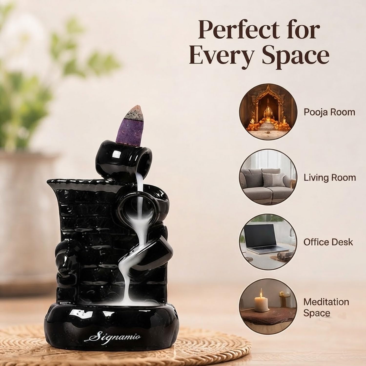 Signamio Ceramic Backflow Incense Fountain - 30 Cones Included for Pooja Meditation, Elegant Backflow Incense Holder, Aesthetic Incense Burner for Decor-DN-25