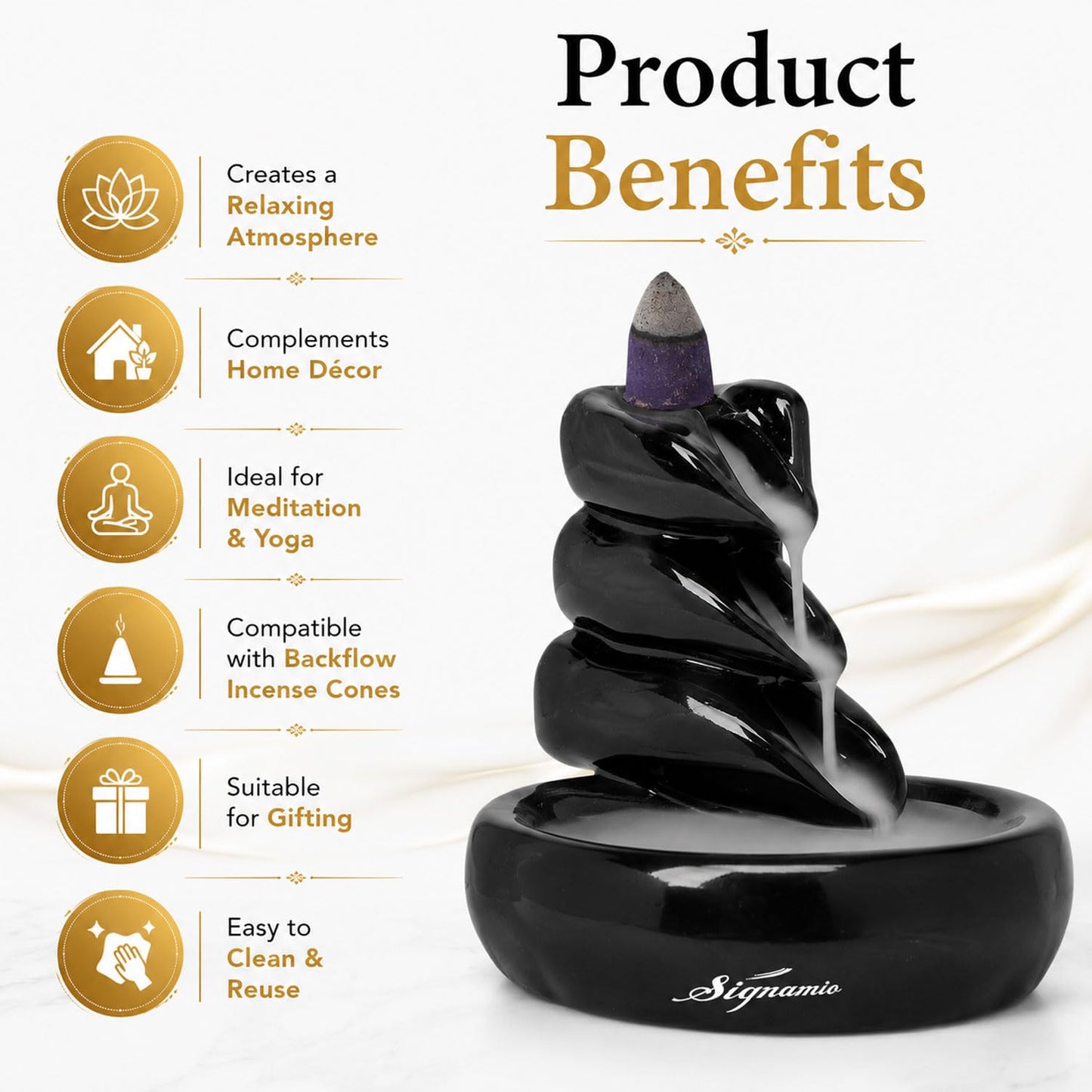 Signamio Ceramic Backflow Incense Fountain - 30 Cones Included for Pooja Meditation, Elegant Backflow Incense Holder, Aesthetic Incense Burner for Decor-DN-24