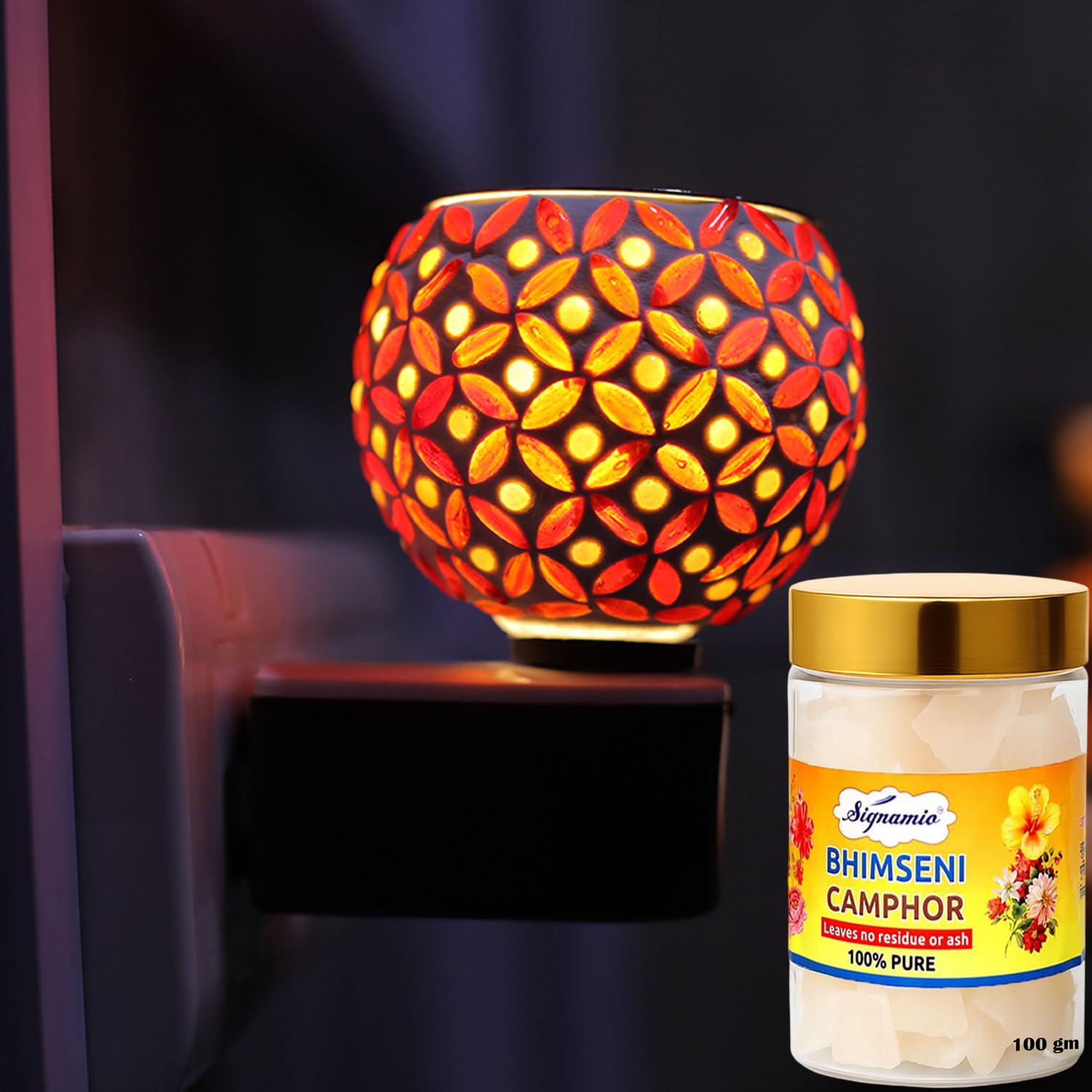 Signamio® Night lamp Kapoor dani with 100gm Camphor Tablets Electrical Machine/Incense-Aroma Burner,Kapoordani Diya/Dhoop Dani/Electric kapurdani/Camphor Diffuser Steel Ceramic for Home,office-DN-12