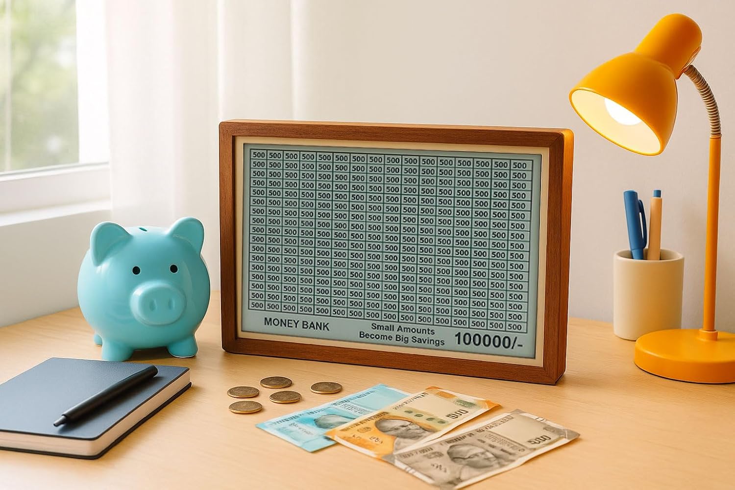 Signamio Money Saving Box for Adult 100000 - Wooden Piggy Bank 100000 with Marker Pen, Elegant Wooden Piggy Bank for Adults, Perfect Money Saving Solution and Financial Goal Achievement - Small Dn 2