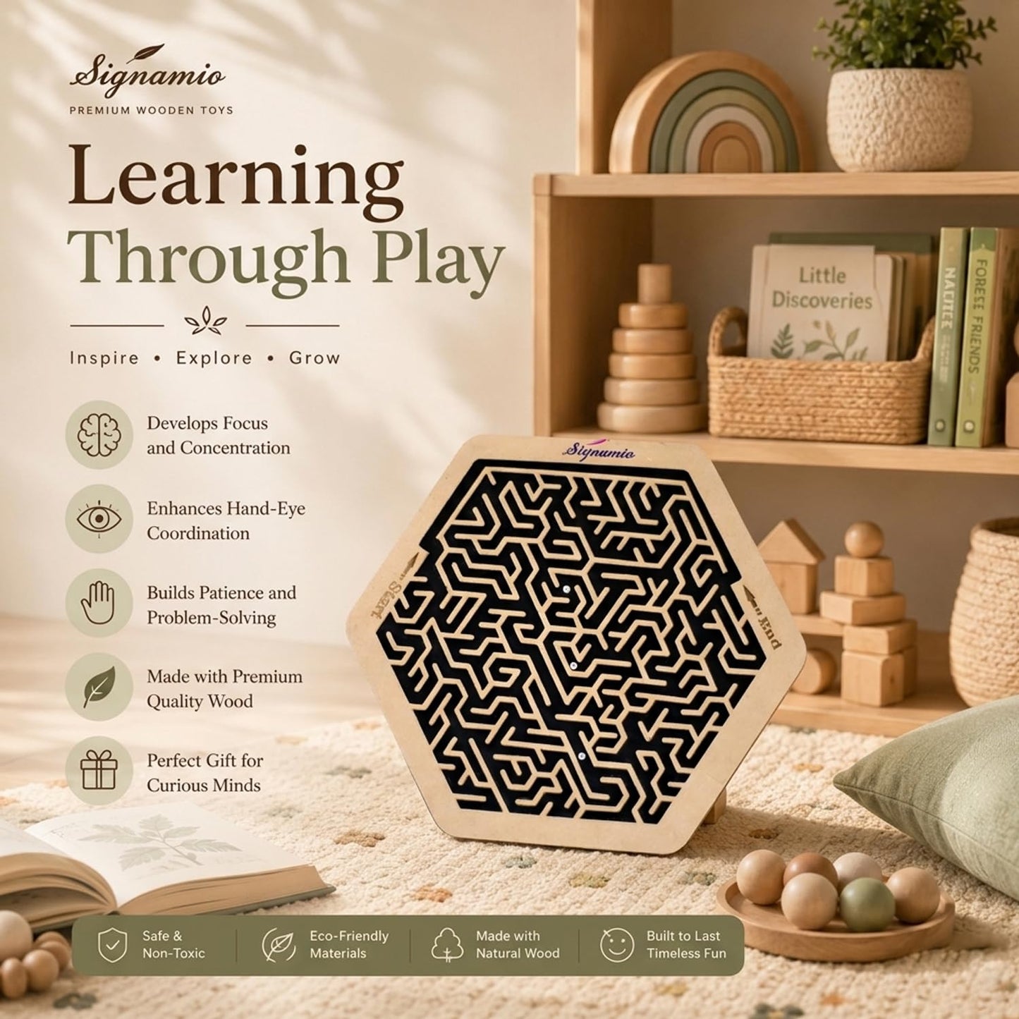 SIGNAMIO® Indoor Wooden Puzzle Game Hexagon Maze Ball - Engaging Mind Games for Kids & Adults, Perfect Brain Teaser & Time Pass Activity, Ideal Wooden Board Game for All Ages