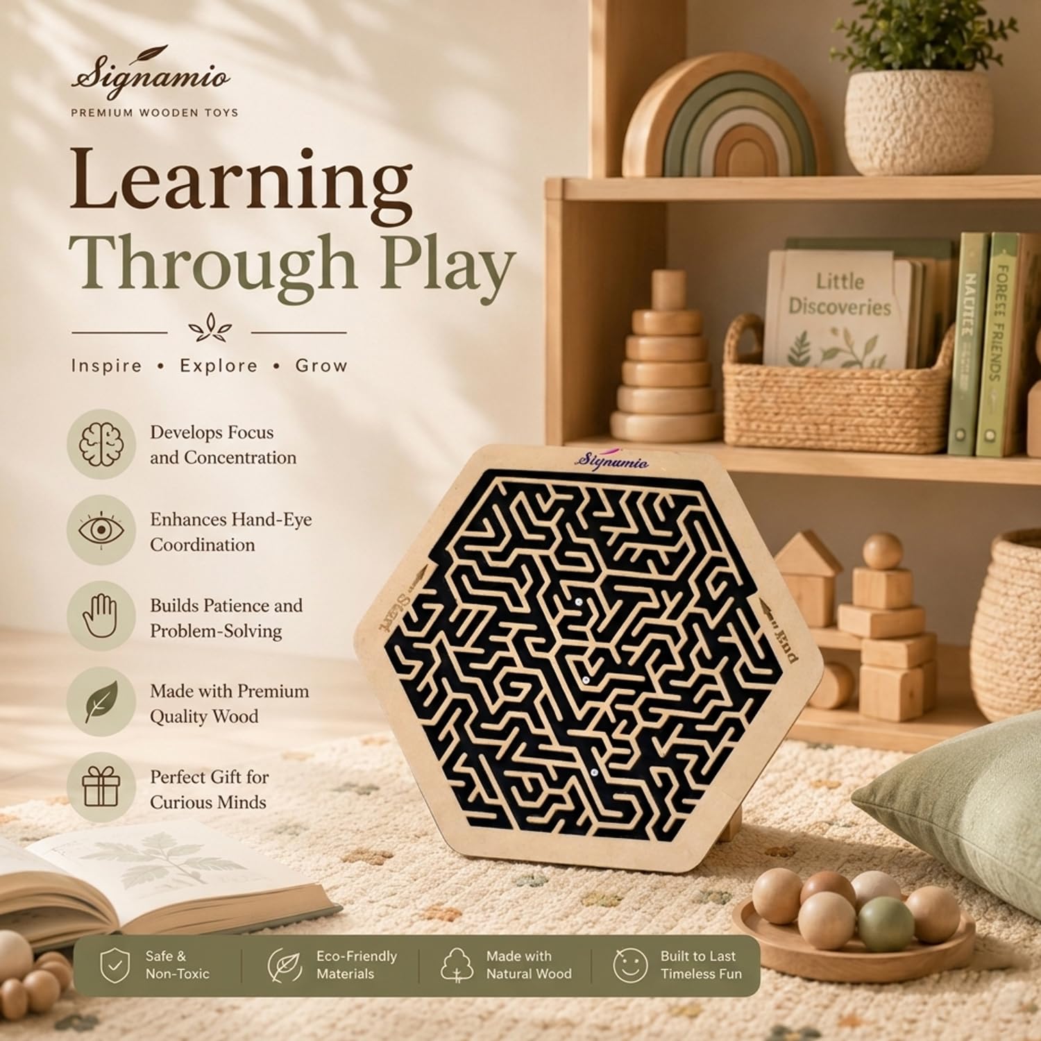 SIGNAMIO® Indoor Wooden Puzzle Game Hexagon Maze Ball - Engaging Mind Games for Kids & Adults, Perfect Brain Teaser & Time Pass Activity, Ideal Wooden Board Game for All Ages