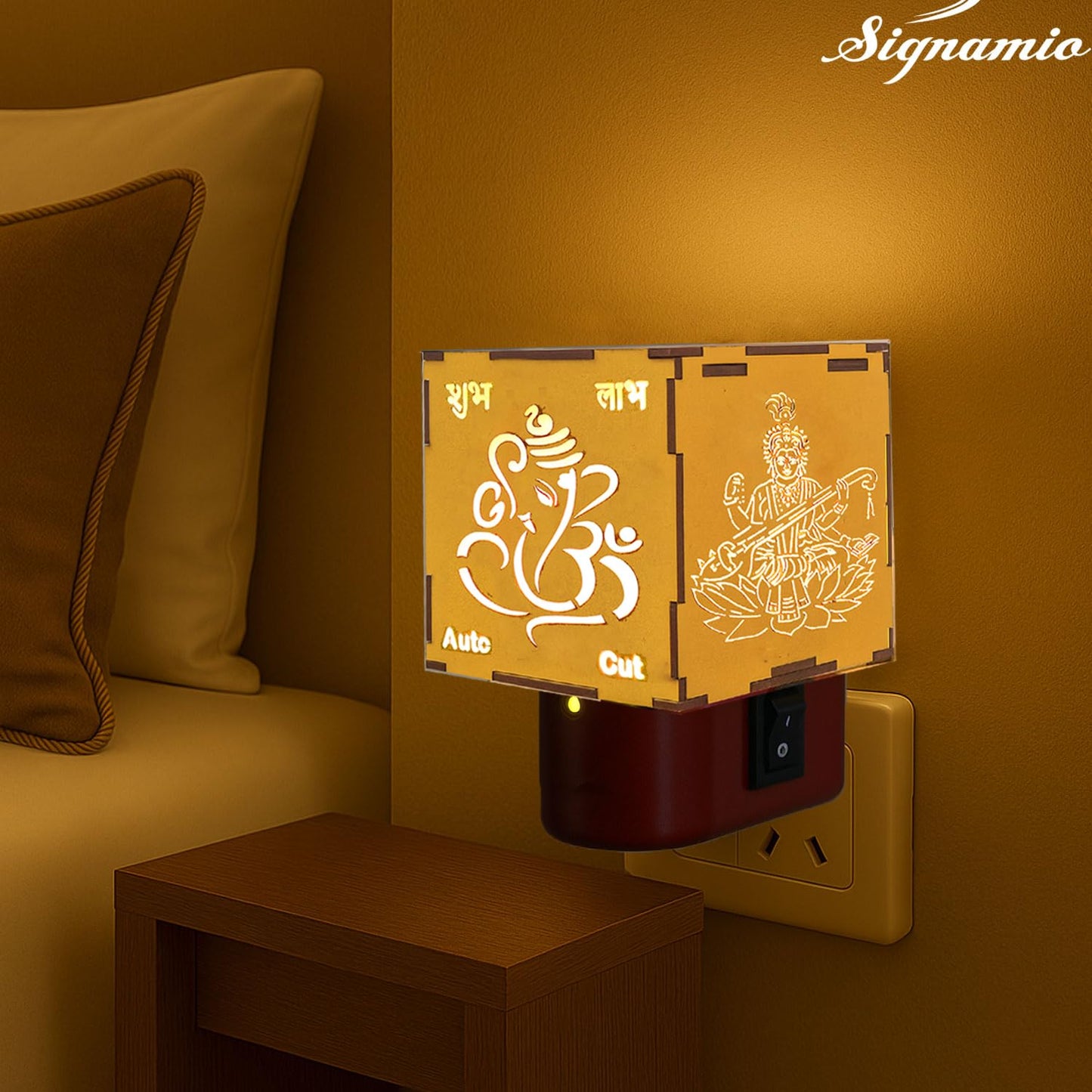SIGNAMIO® Auto Cut Wooden Ganesha Laxmi Saraswati Camphor Kapoor Bakhoor Oud Aroma Oil Diffuser Incense Dhoop Burner Electrical Stand Machine for Home Fragrance with Night Lamp