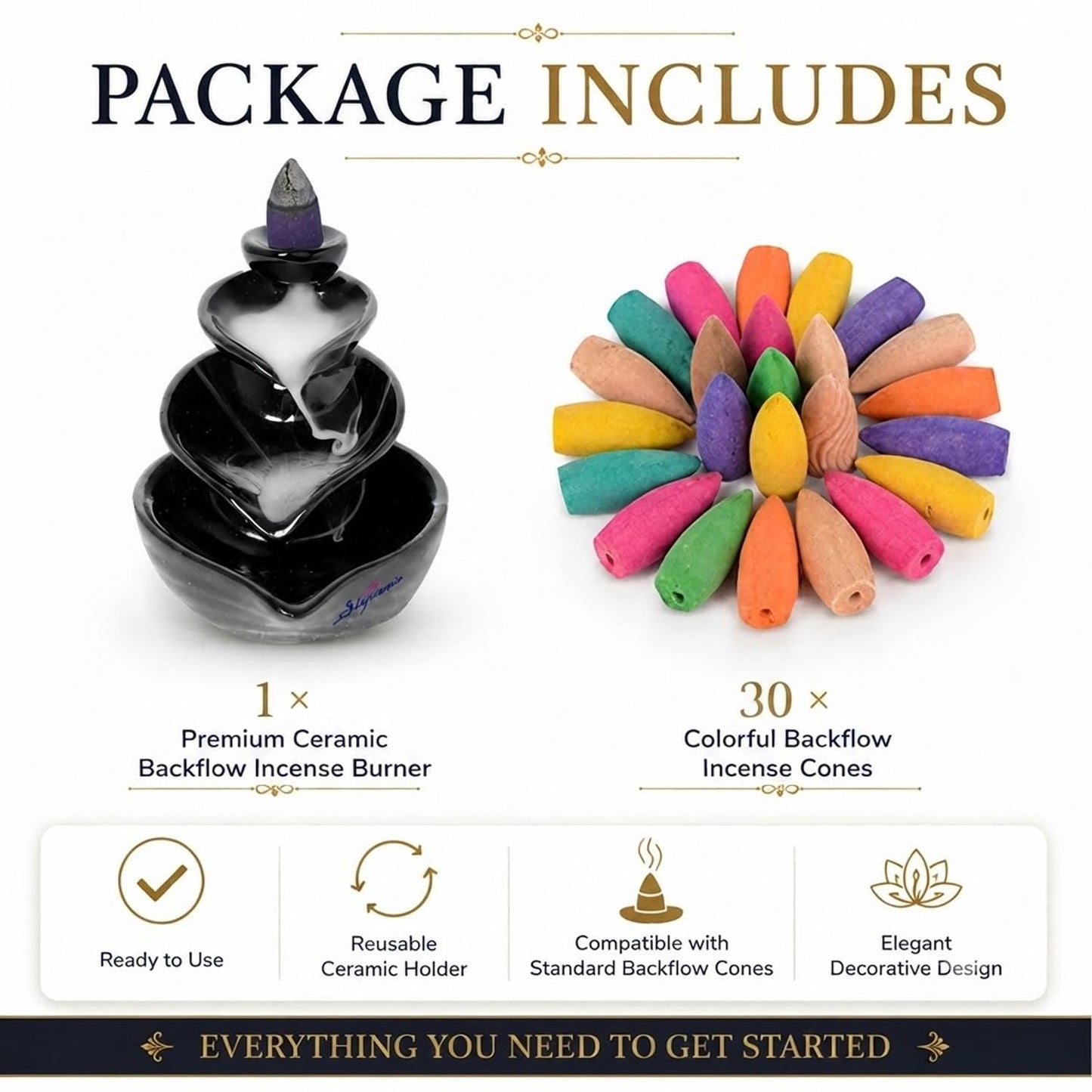 SIGNAMIO Ceramic Backflow Incense Fountain - 30 Cones Included for Pooja Meditation, Elegant Backflow Incense Holder, Aesthetic Incense Burner for Decor-DN-10, Pink