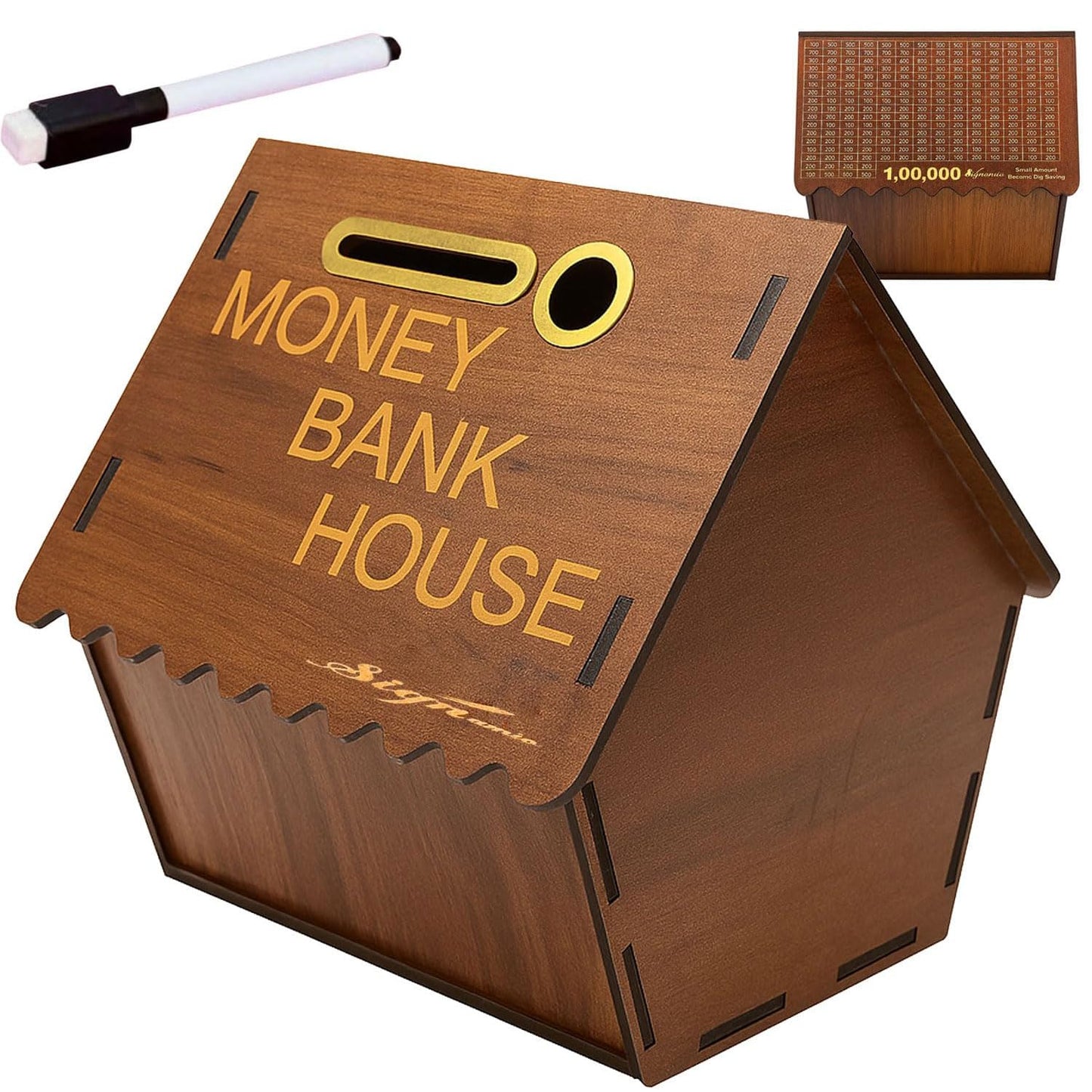 Signamio Money Saving Box for Adult 100000 - Wooden Piggy Bank 100000 with Marker Pen, Elegant Wooden Piggy Bank for Adults, Perfect Money Saving Solution and Financial Goal Achievement-DN2
