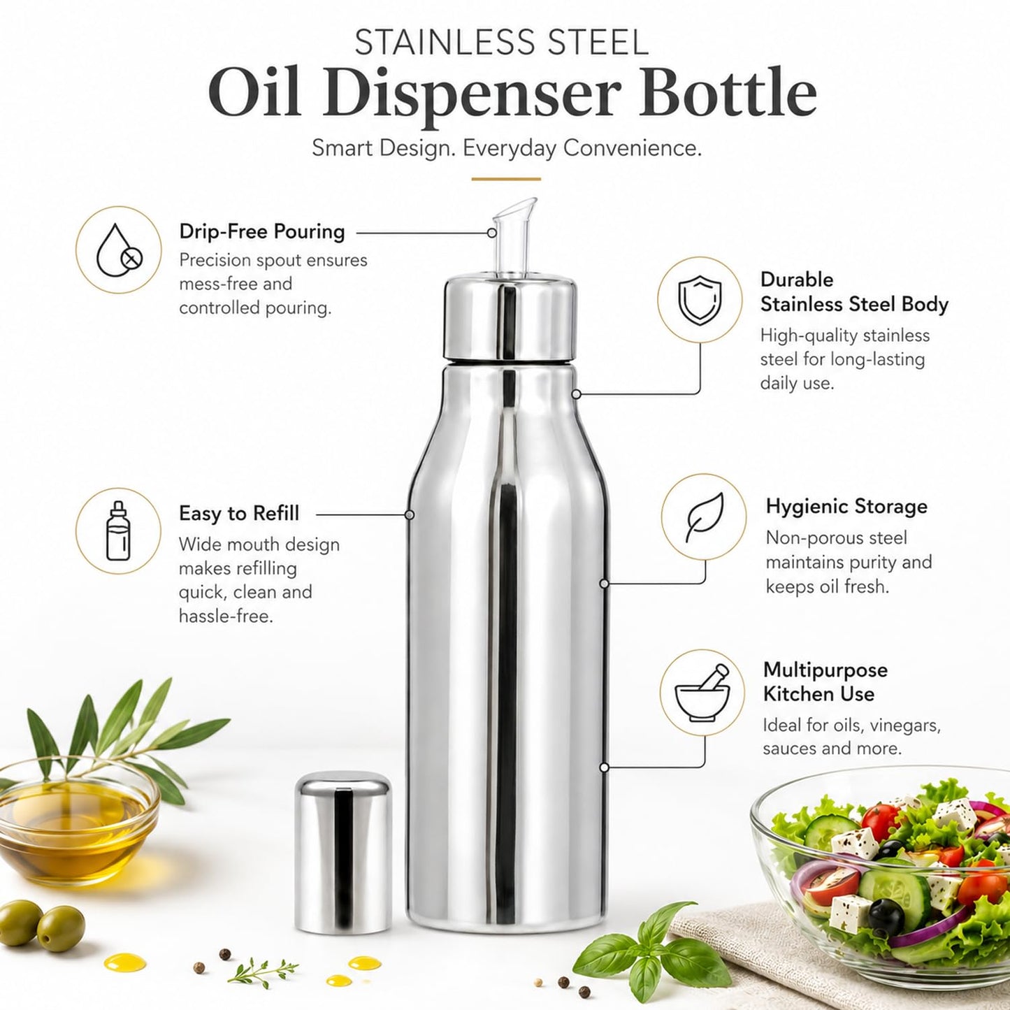 SIGNAMIO Oil Dispenser for Kitchen Stainless Steel 1 Litre | Stainless Steel Oil Bottle with Easy Pour Spout | Oil Dispenser for Kitchen Steel | Steel Oil Container for Cooking Oil & Vinegar