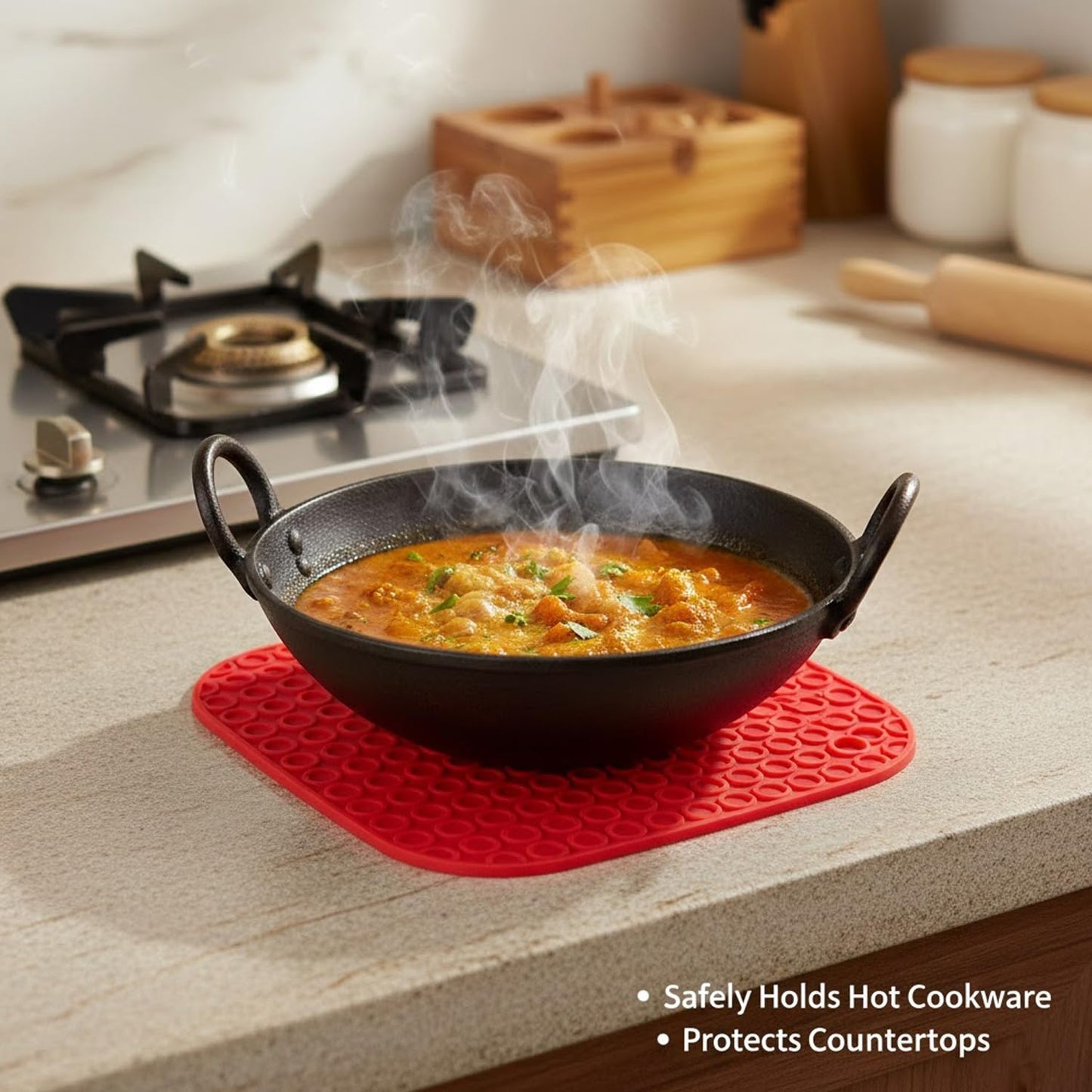 Signamio Silicone Mat for Kitchen - Pack of 4 Square Heat Resistant Coasters for Dining Table for Hot Pots - Durable Trivet Heat Mats for Added Protection and Style