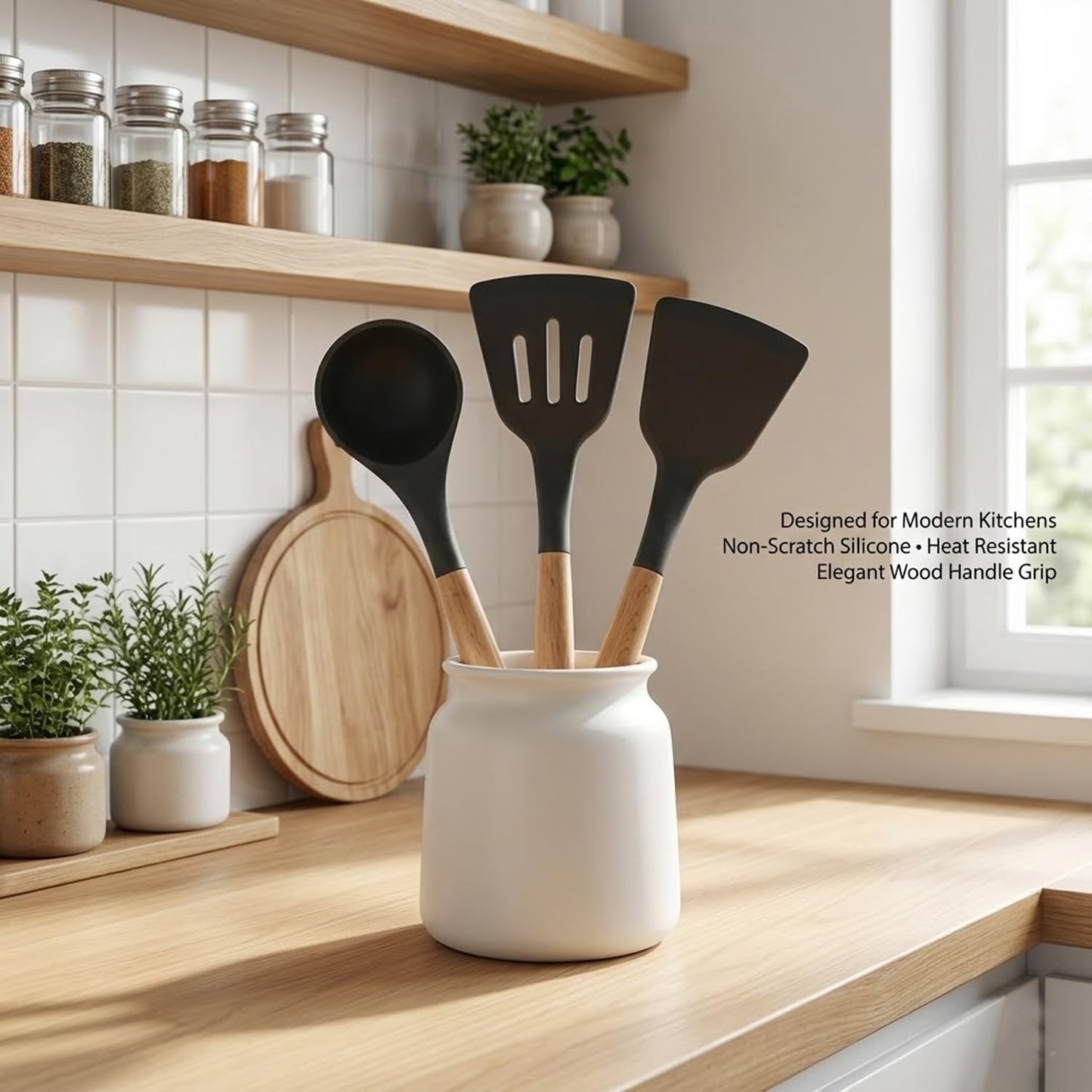 Signamio Silicone Spatula Set with Wooden Handle, 3 Pcs - Premium Cooking Set Ideal for Baking and Cooking, Durable and Heat-Resistant - Grey Color