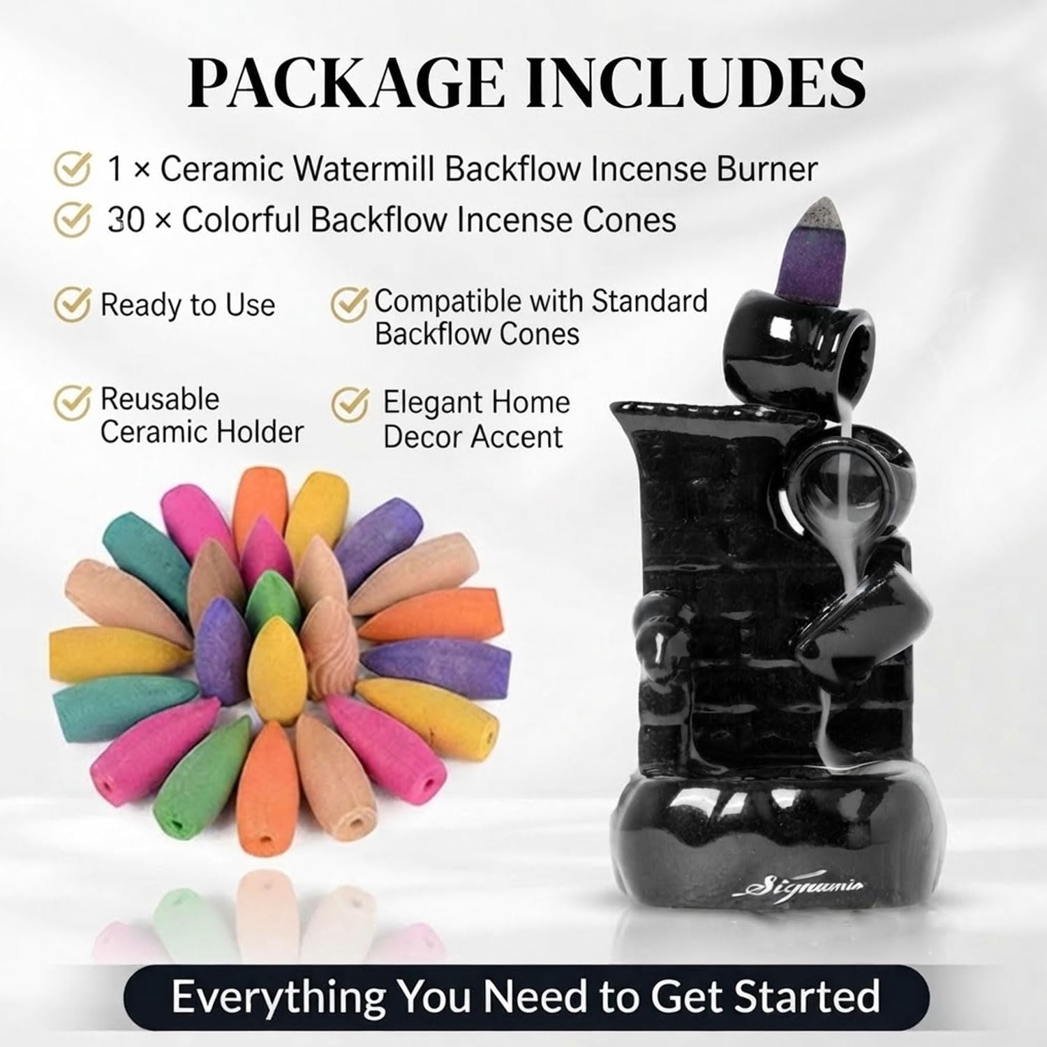 Signamio Ceramic Backflow Incense Fountain - 30 Cones Included for Pooja Meditation, Elegant Backflow Incense Holder, Aesthetic Incense Burner for Decor-DN-25