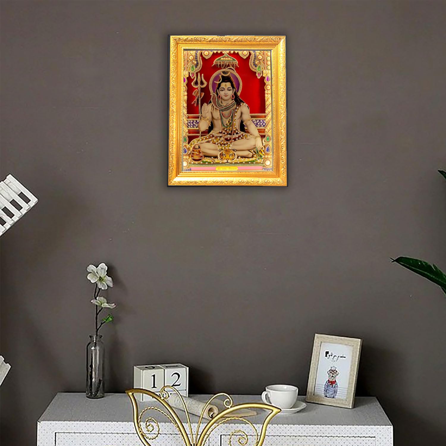 SIGNAMIO® Designer Handmade Stone Moti Work with Gold led Light Sculpture of 3D Lord Shiva Mahadev Shankar wall Hanging Photo Frame with for Puja Room,Home,Office,wall decoration-1pcs (14x11 Inch)