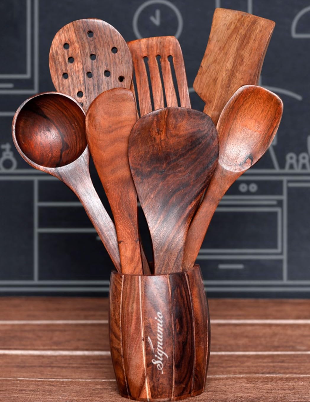 SIGNAMIO 7-Piece Wooden Spatula Set for Cooking, Natural Sheesham Wood Kitchen Utensils Set, Non-Stick Safe Cooking Tools, Turner, Ladle, Slotted Spatula & Serving Spoon Set for Kitchen