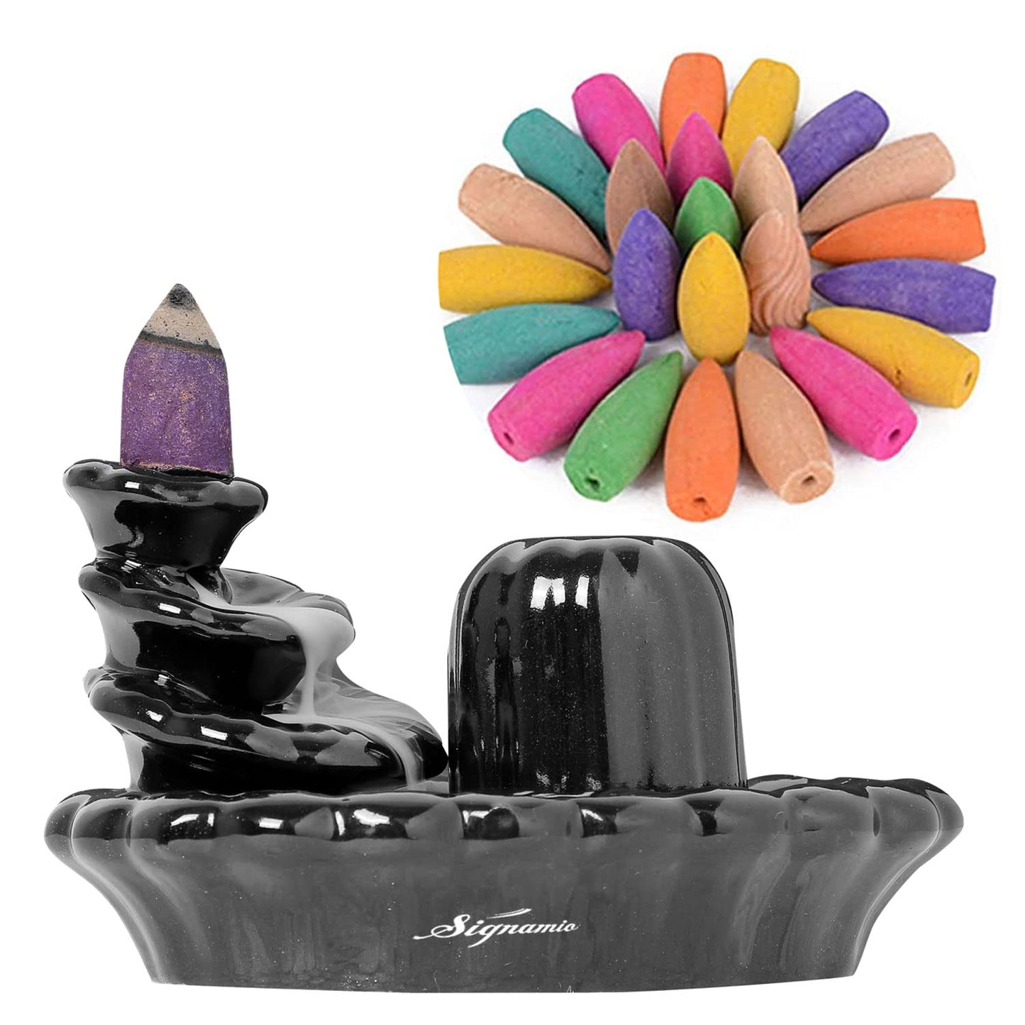 Signamio Ceramic Backflow Incense Fountain - 30 Cones Included for Pooja Meditation, Elegant Backflow Incense Holder, Aesthetic Incense Burner for Decor-DN-25
