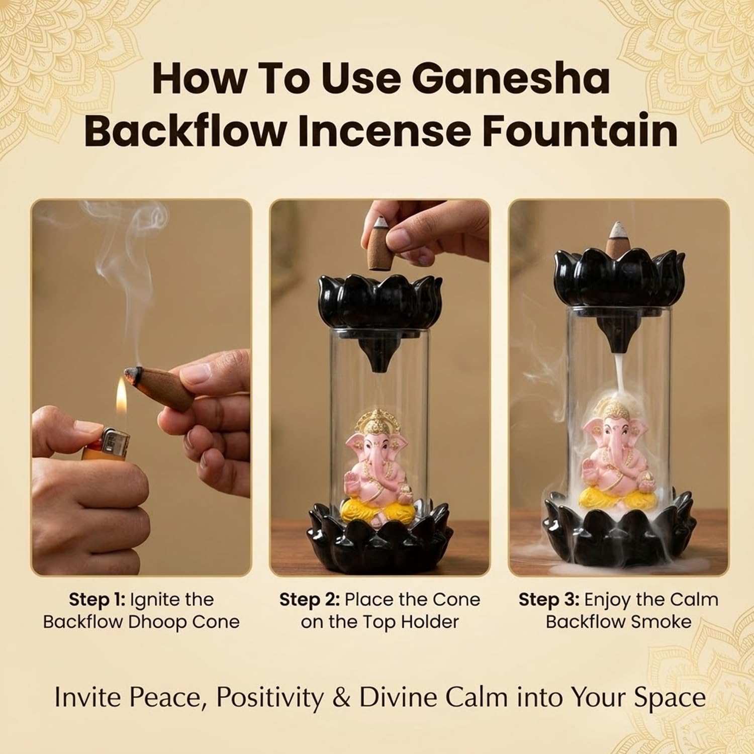 SIGNAMIO Ganesha Backflow Dhoop Smoke Fountain Aromatic Essence Of Ceramic Incense Burner Holder With 30 Cones For Meditation And Home Decor, Yellow