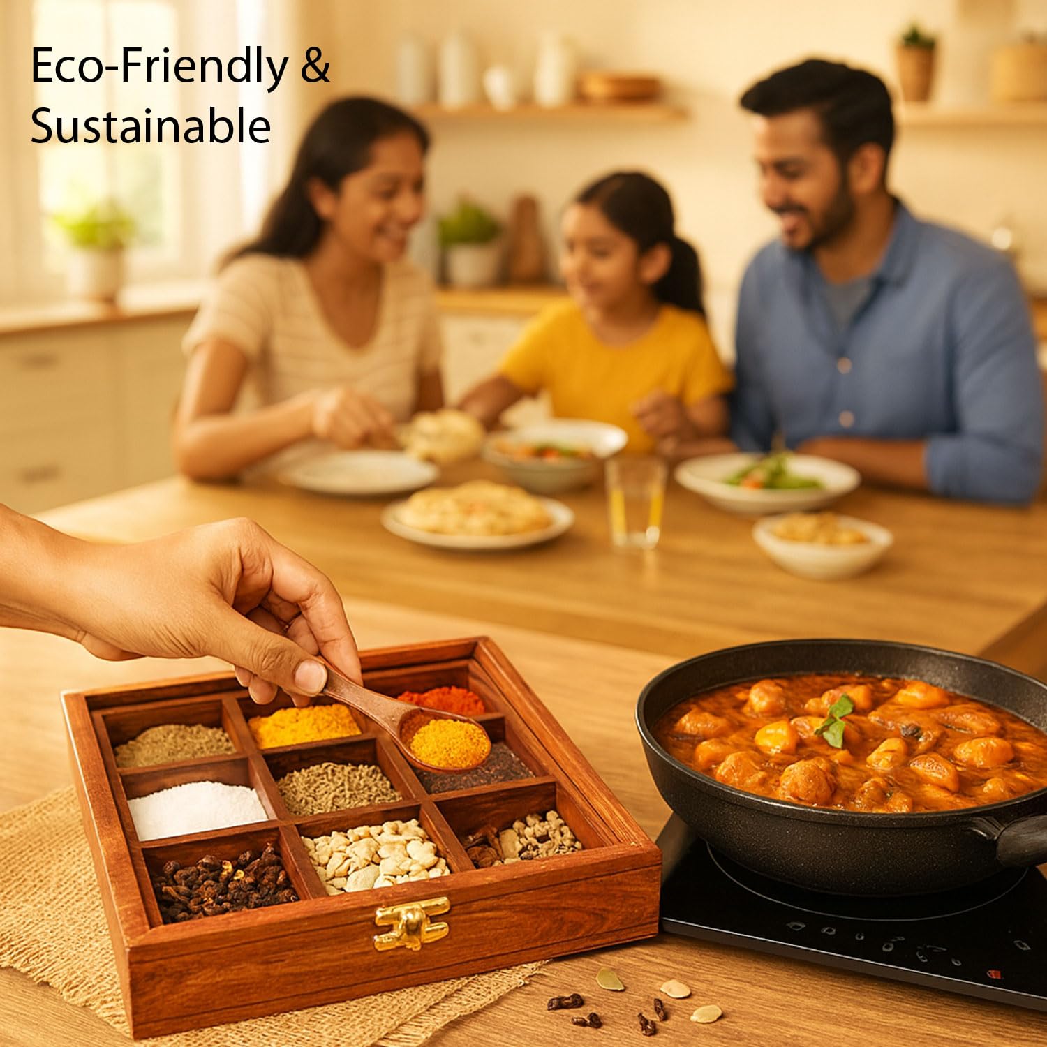 SIGNAMIO® Square Wooden Spice Box with Detachable Containers and Spoon, Transparent Glass Masala dani for Kitchen Storage, Anjarai Petti Style Organizer, Perfect Wooden Masala Box for Kitchen Use