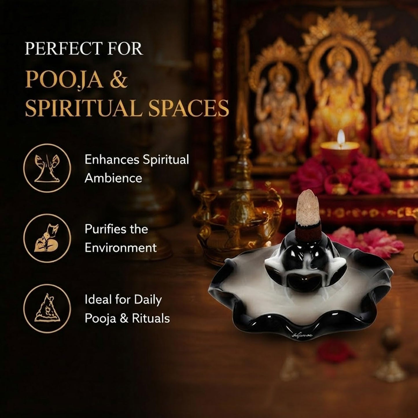 Signamio Ceramic Decorative Incense Stick Stand with Backflow Incense Smoke Fountain - 30 Cones Included for Pooja Meditation, Backflow Incense Burner Holder for Decor