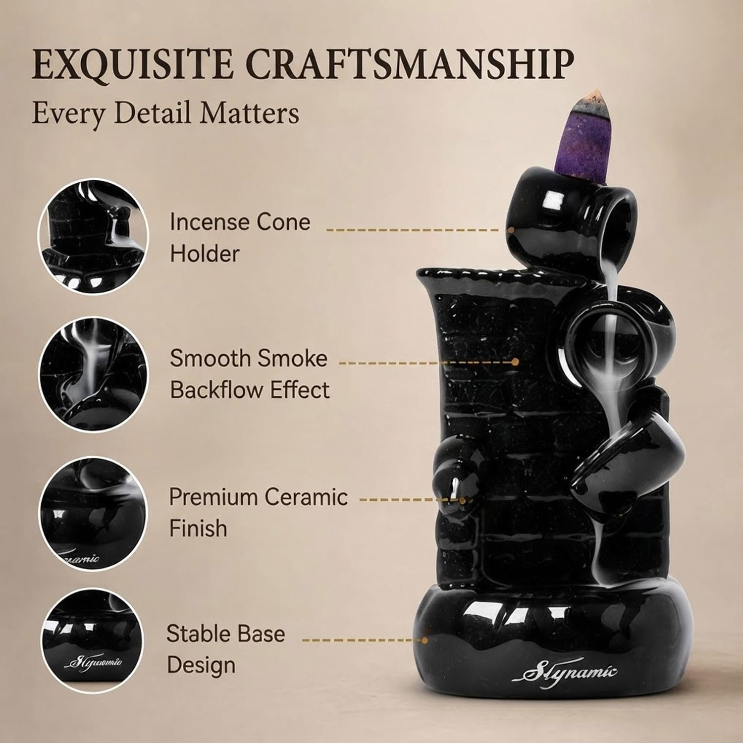 Signamio Ceramic Backflow Incense Fountain - 30 Cones Included for Pooja Meditation, Elegant Backflow Incense Holder, Aesthetic Incense Burner for Decor-DN-25