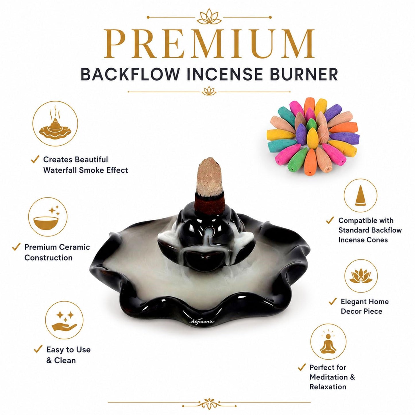 Signamio Ceramic Decorative Incense Stick Stand with Backflow Incense Smoke Fountain - 30 Cones Included for Pooja Meditation, Backflow Incense Burner Holder for Decor