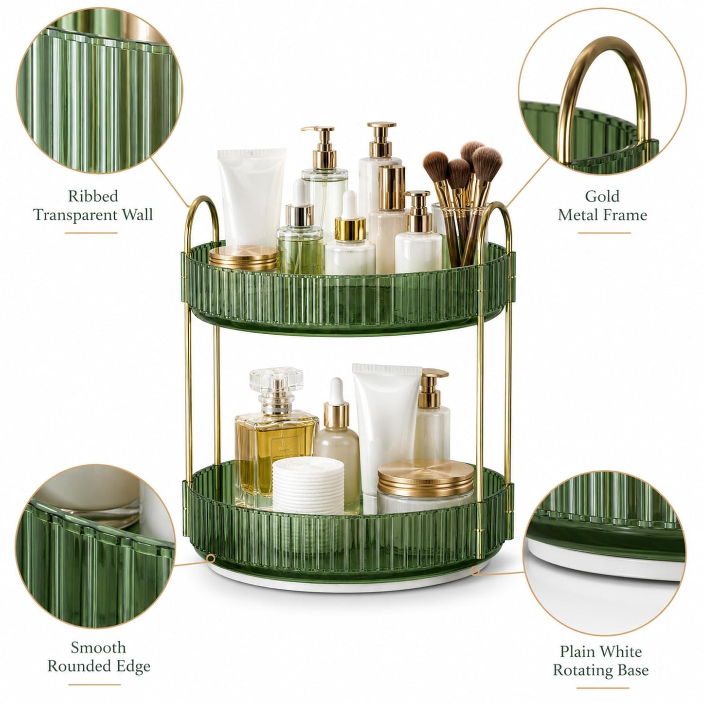 SIGNAMIO Gold 2-Tier 360 Rotating Tray Organizer Vintage Green