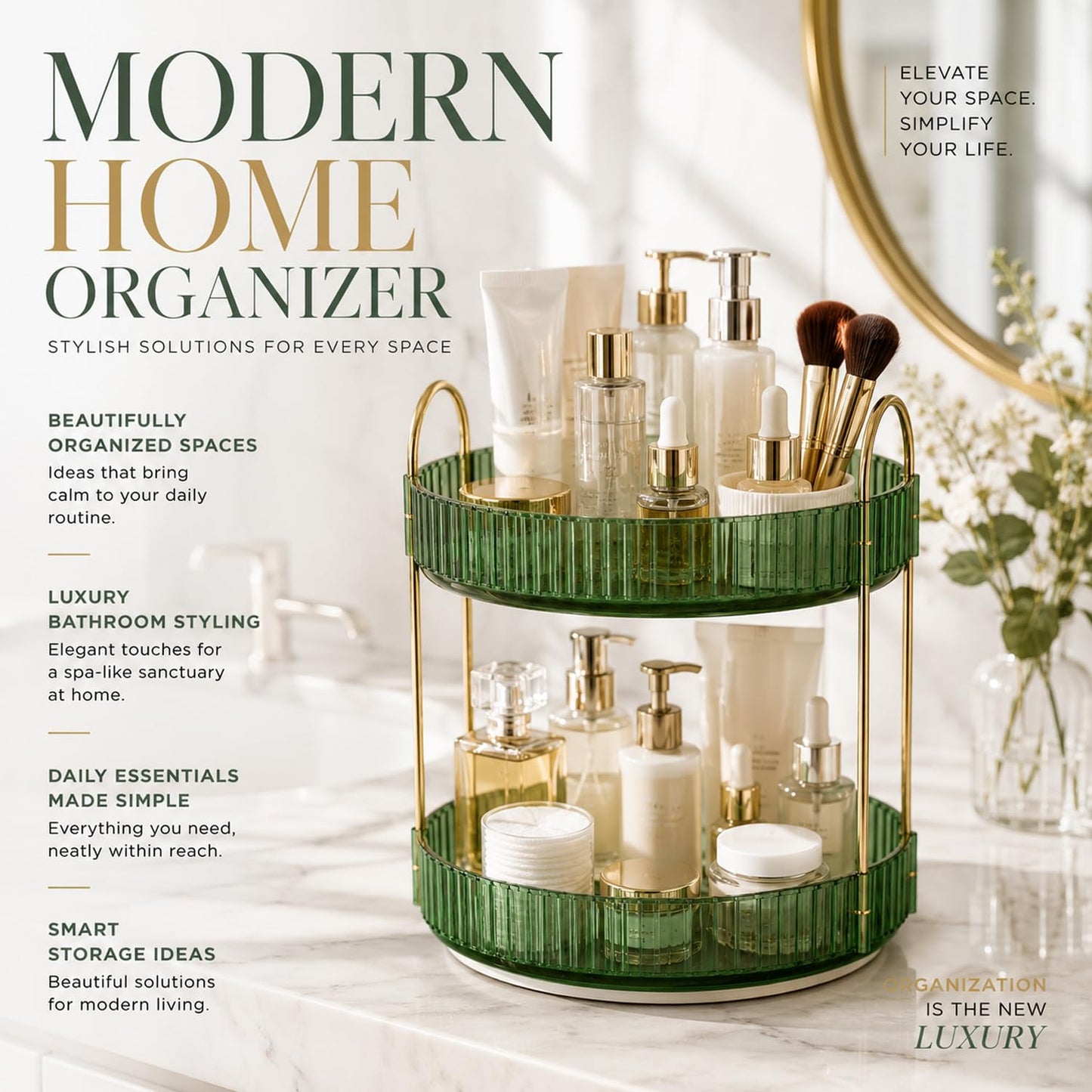 SIGNAMIO Gold 2-Tier 360 Rotating Tray Organizer Vintage Green