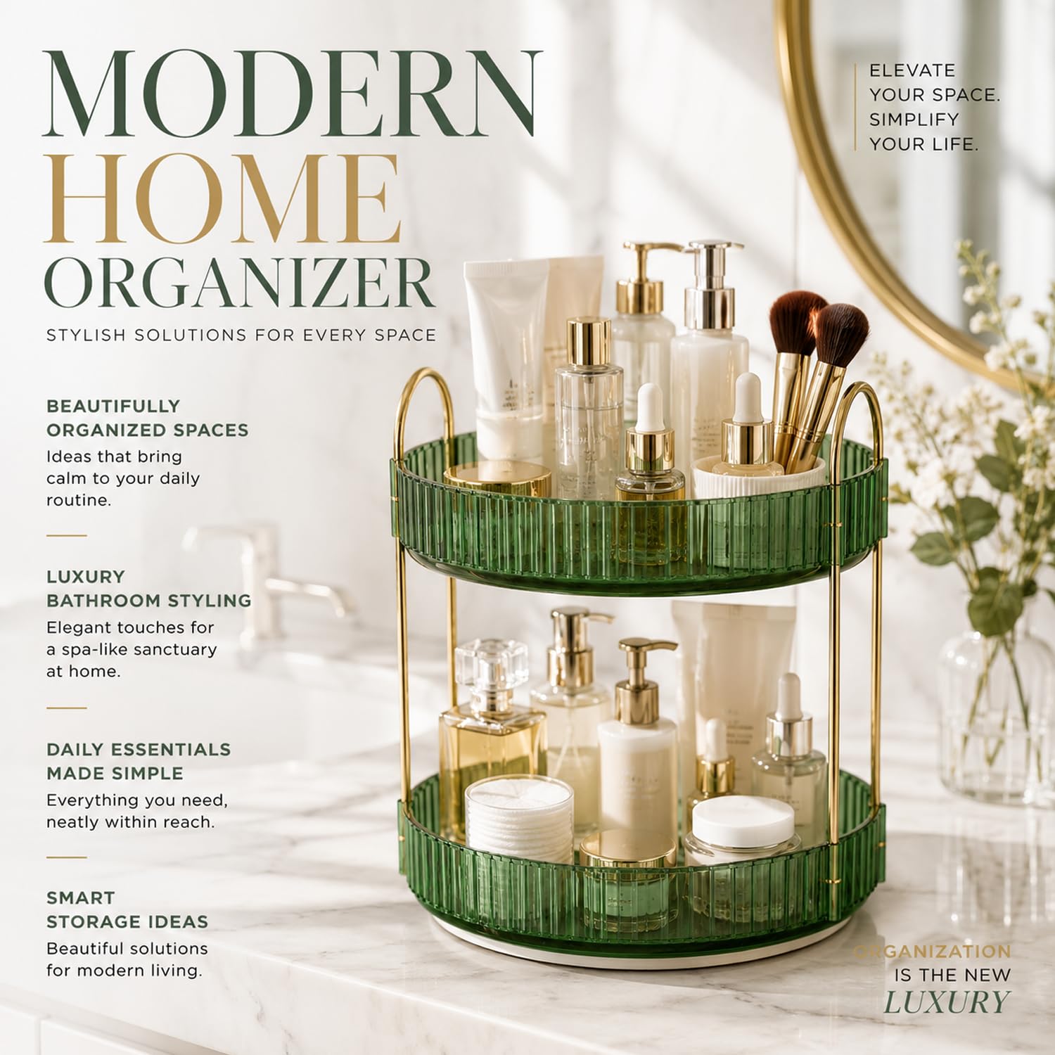 SIGNAMIO Gold 2-Tier 360 Rotating Tray Organizer Vintage Green