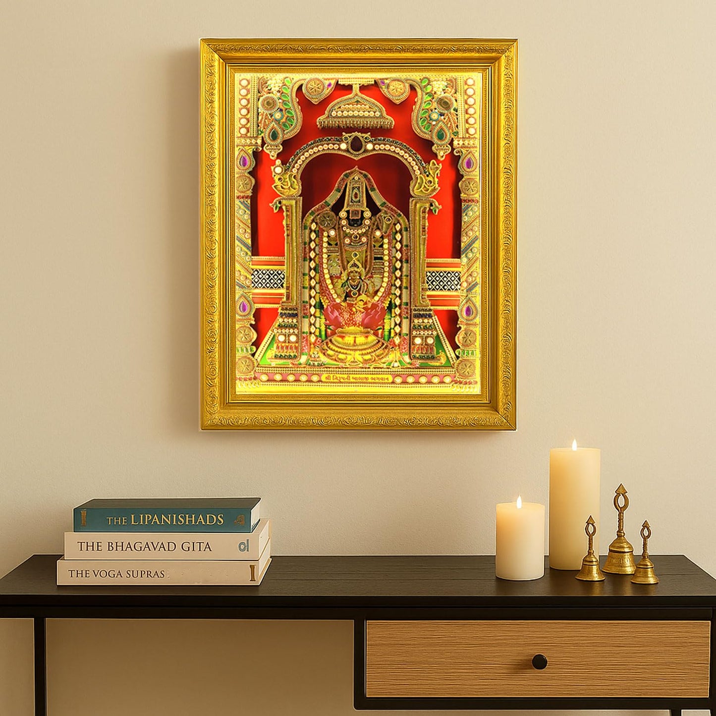 SIGNAMIO® Designer Handmade Stone Moti Work with Gold led Light Sculpture of 3D Tirupati Balaji wall Hanging Photo Frame with for Puja Room,Home,Office,wall decoration-1pcs (23X18 Inch)