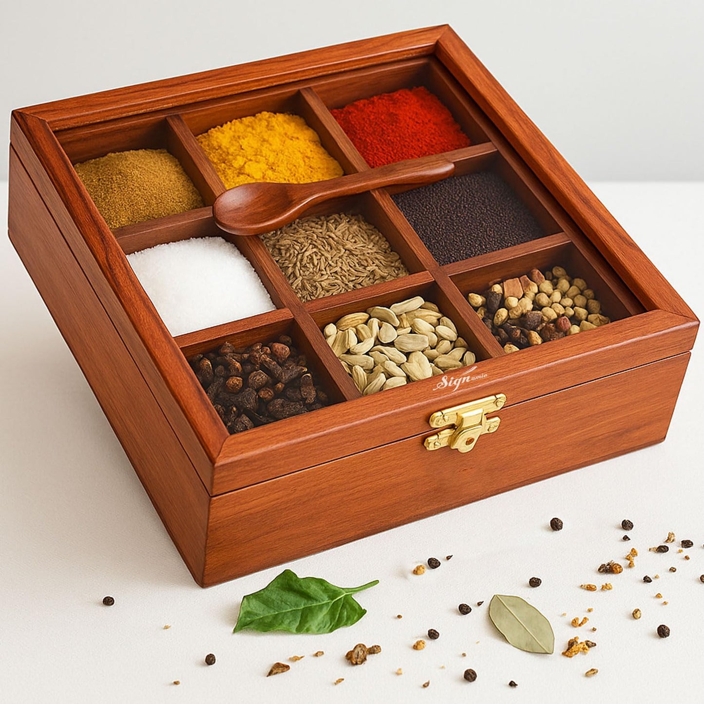 SIGNAMIO® Square Wooden Spice Box with Detachable Containers and Spoon, Transparent Glass Masala dani for Kitchen Storage, Anjarai Petti Style Organizer, Perfect Wooden Masala Box for Kitchen Use