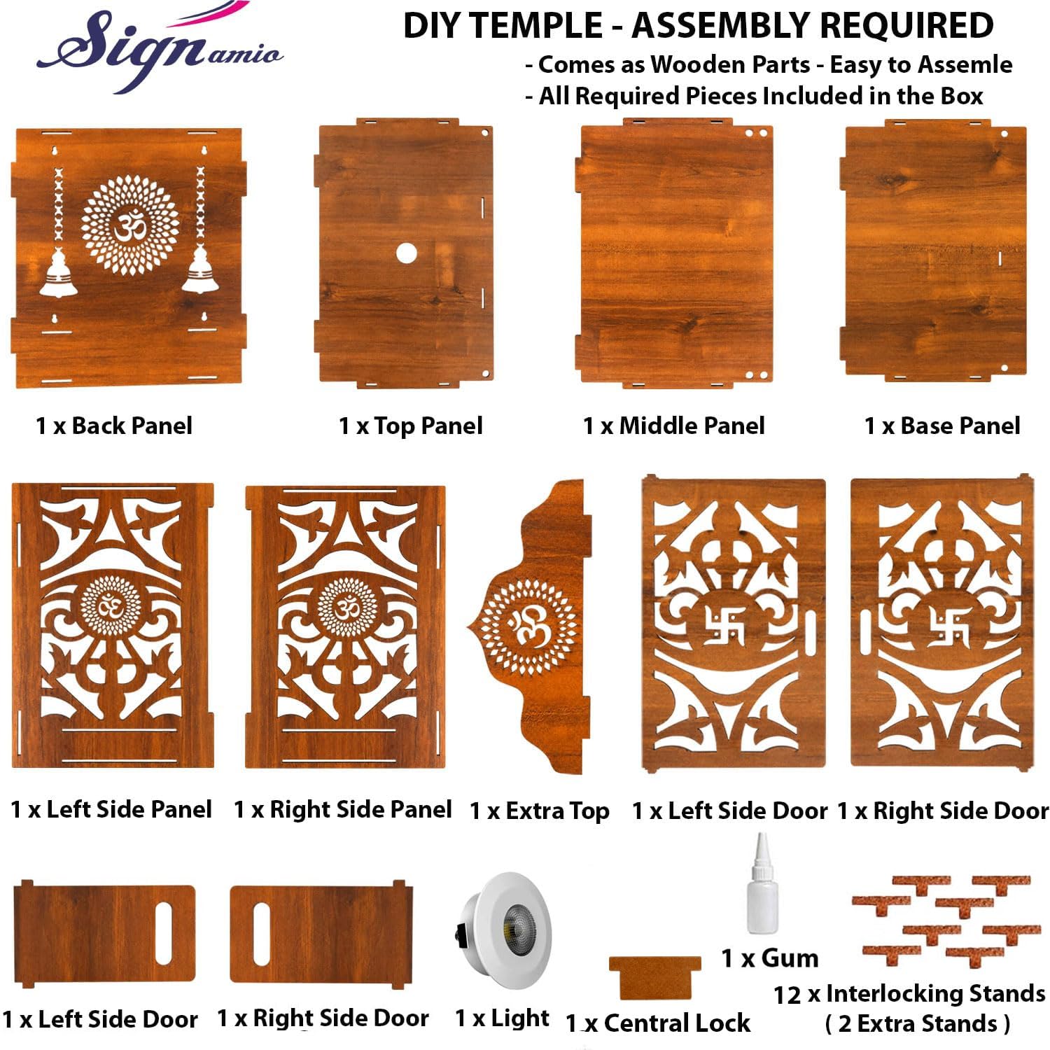 SIGNAMIO Mandir for Home with Door & LED Light | Wooden MDF Pooja Temple | Temple for Home with Door | Wall Mounted Hanging Home Temple with Storage Drawer