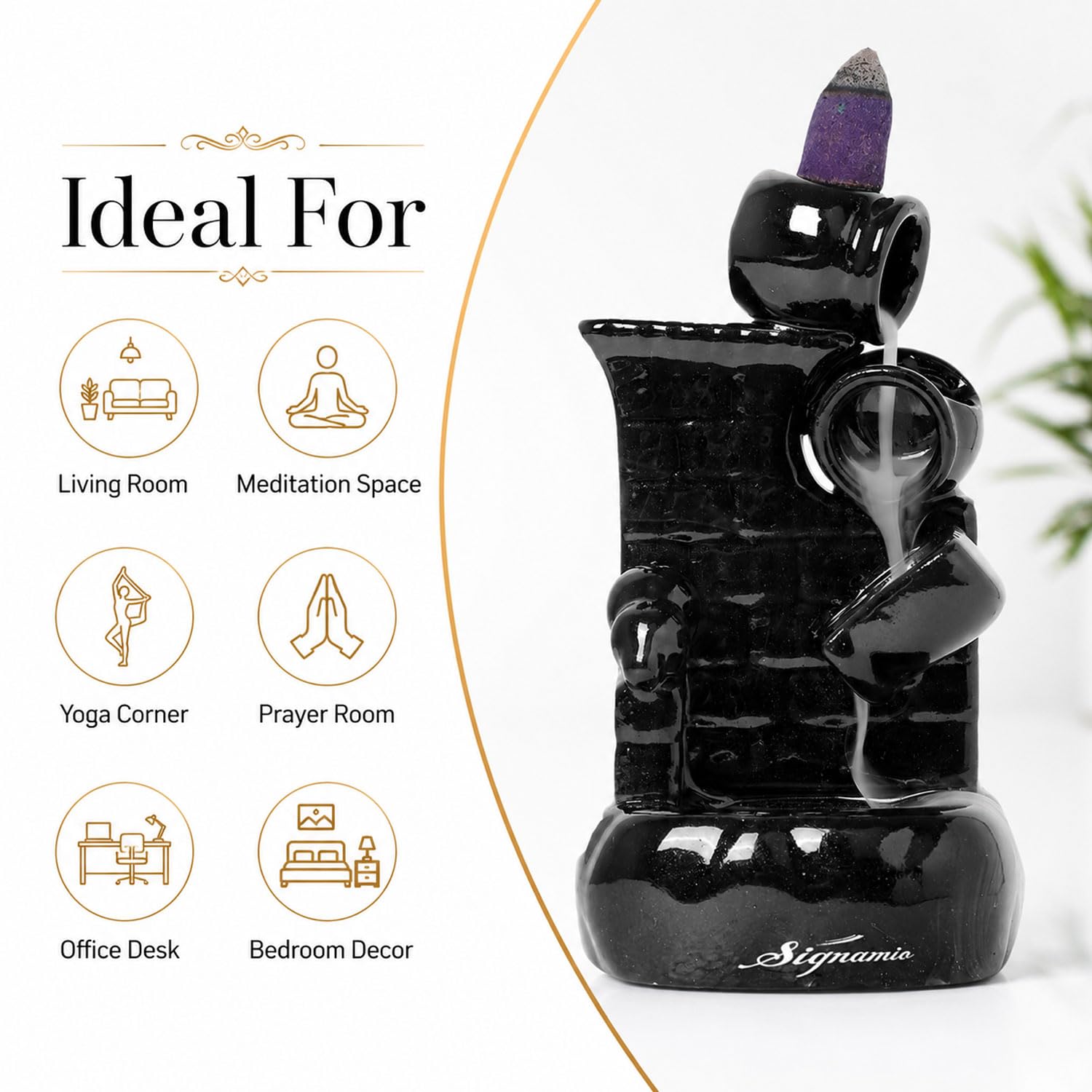 Signamio Ceramic Backflow Incense Fountain - 30 Cones Included for Pooja Meditation, Elegant Backflow Incense Holder, Aesthetic Incense Burner for Decor-DN-25