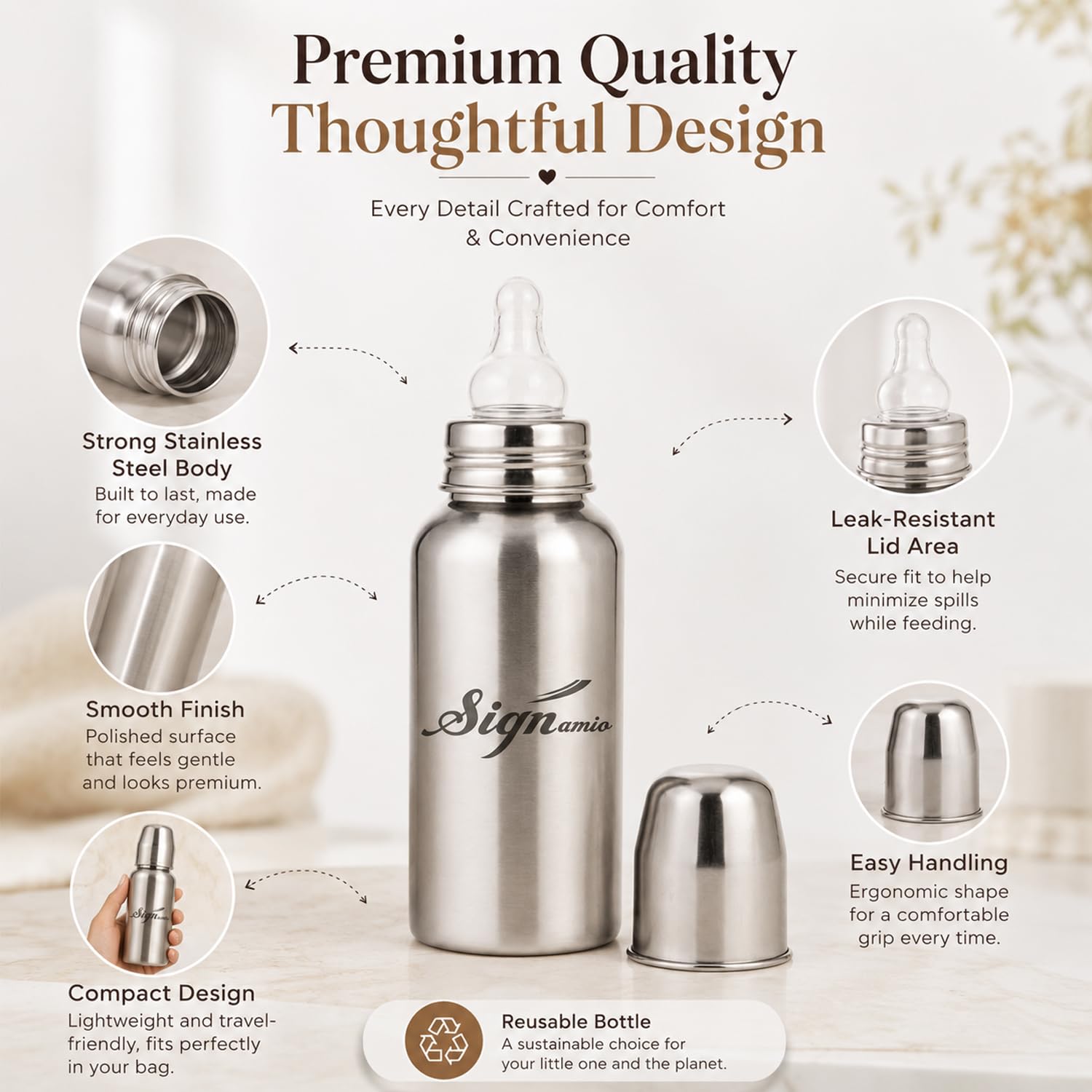 Signamio Stainless Steel Feeding Bottle for New Born Baby | Milk Feeding Bottle with Silicone Nipple & Cap | Feeder Bottle for 1 Year Baby | Baby Feeding Bottle for Milk | Steel Milk Bottle for Kids