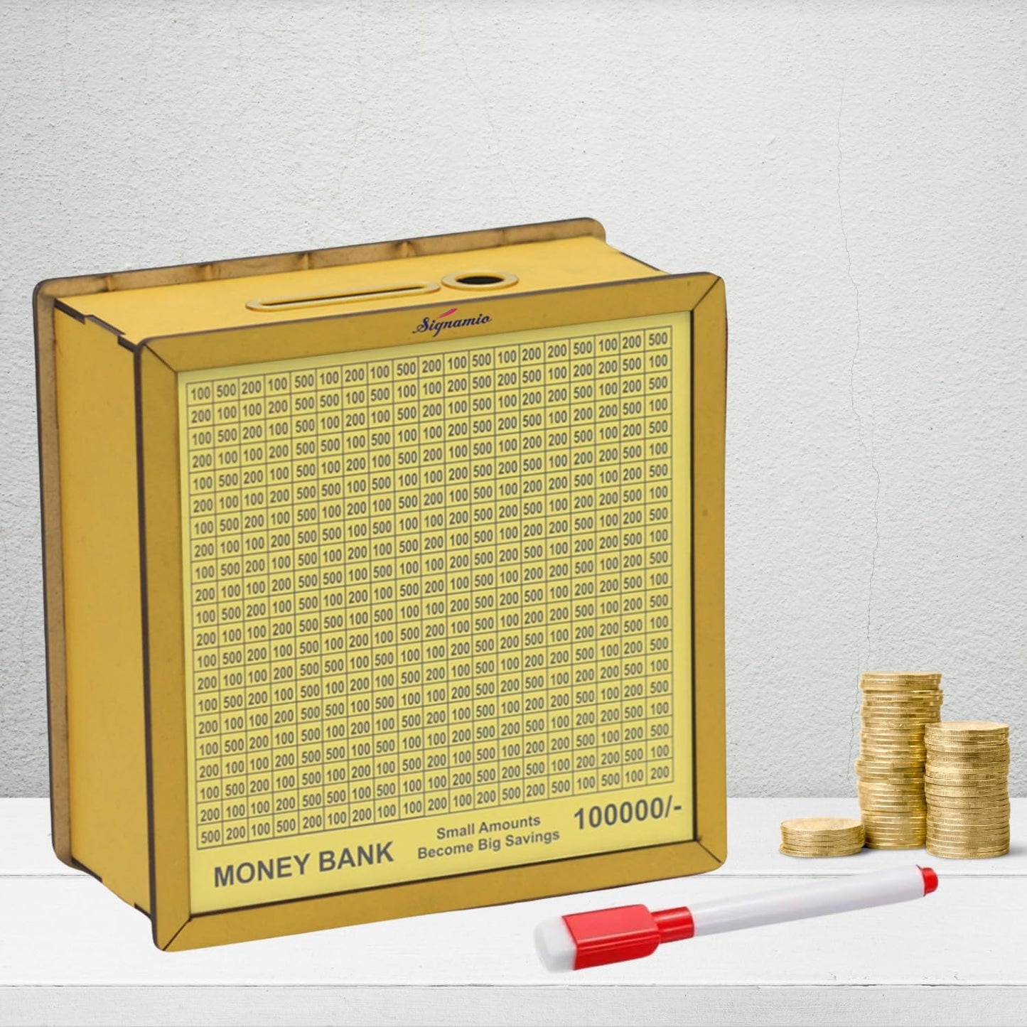 Signamio Money Saving Box for Adult 100000 - Wooden Piggy Bank 100000 with Marker Pen, Elegant Wooden Piggy Bank for Adults, Perfect Money Saving Solution and Financial Goal Achievement - Small Dn 2