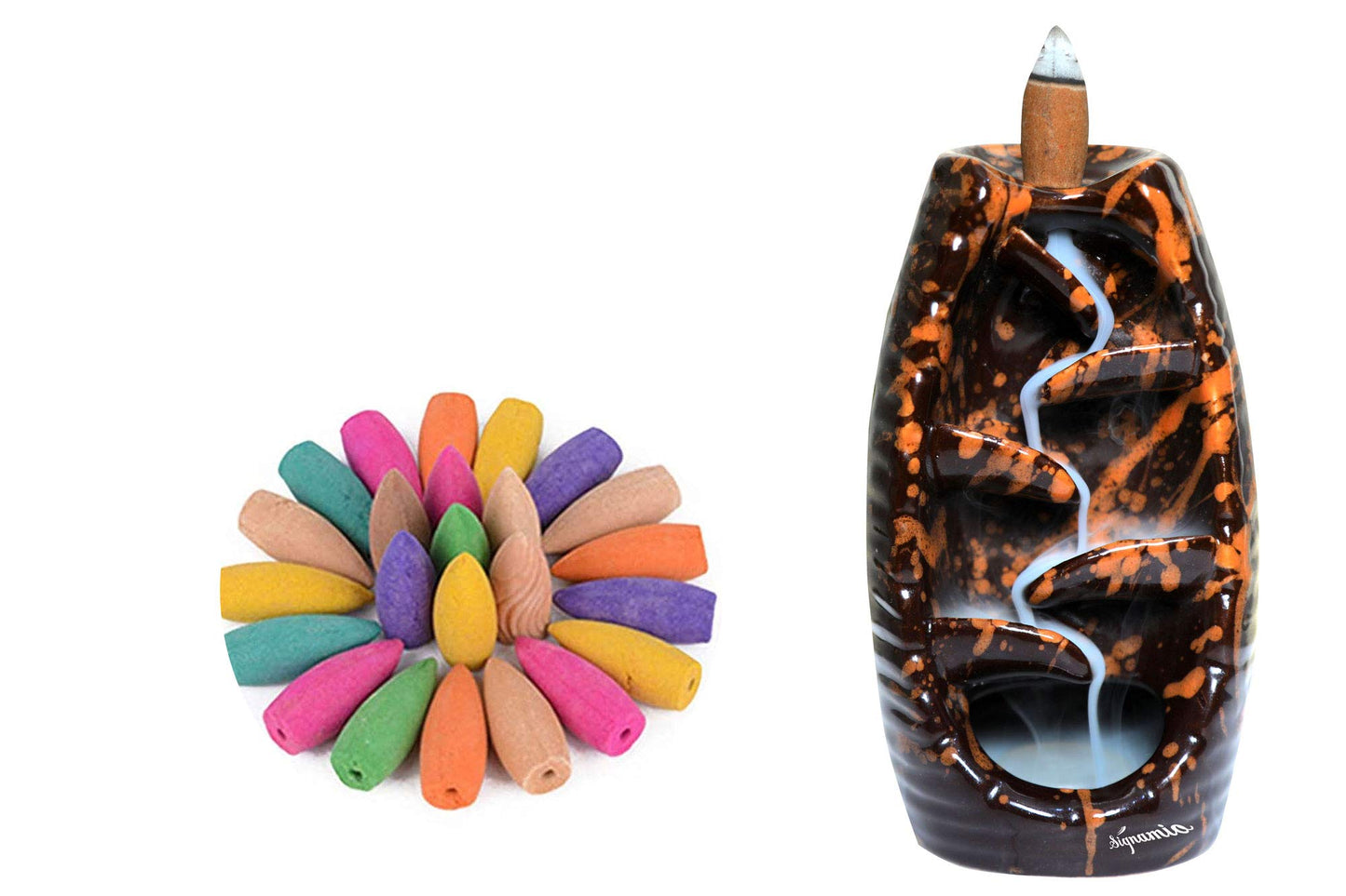 Signamio Ceramic Backflow Incense Fountain - 30 Cones Included for Pooja Meditation, Elegant Backflow Incense Holder, Aesthetic Incense Burner for Decor-DN-16
