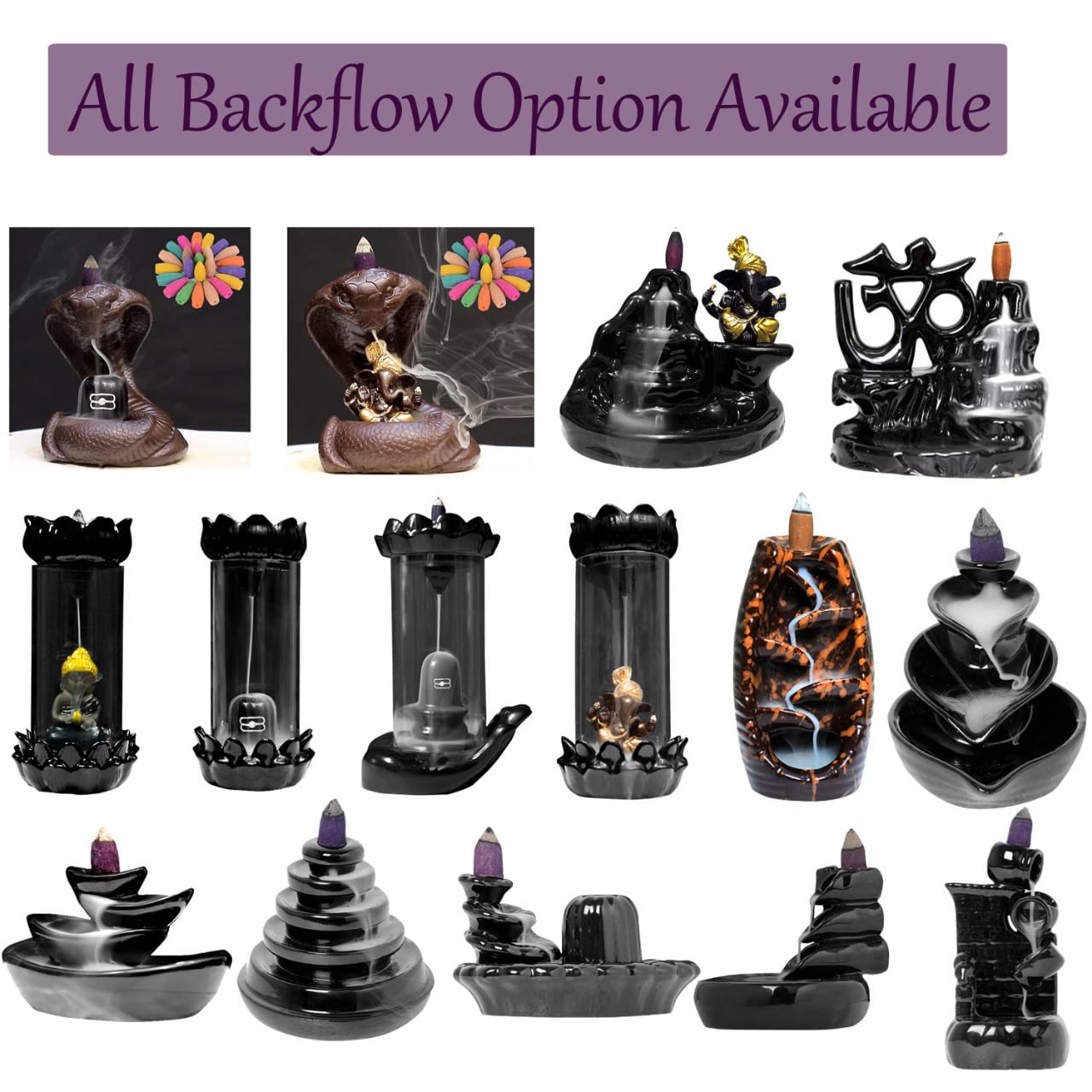 Signamio Ceramic Backflow Incense Fountain - 30 Cones Included for Pooja Meditation, Elegant Backflow Incense Holder, Aesthetic Incense Burner for Decor-DN-15