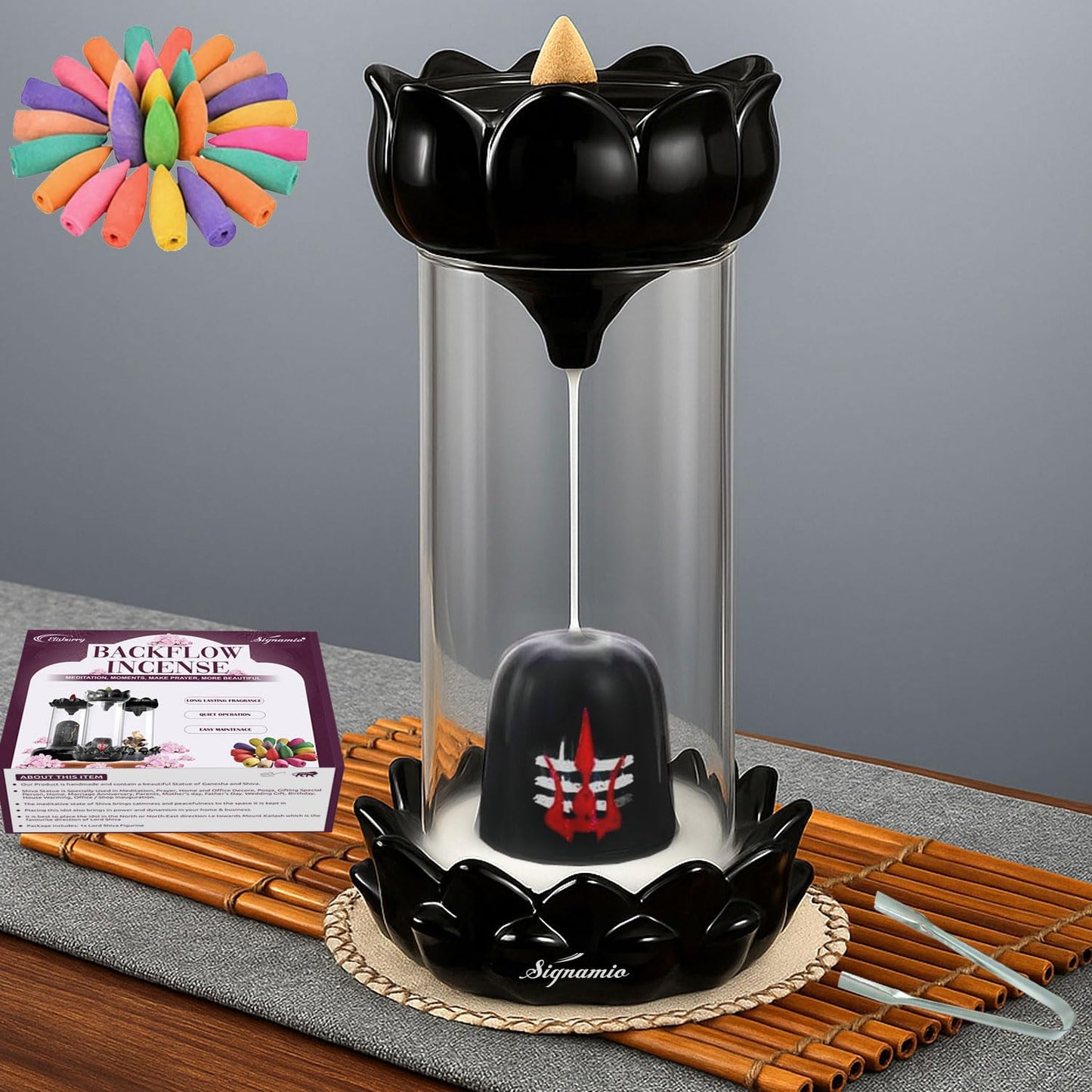 Signamio Aromatic Essence of Ceramic Shiva OM Backflow dhoop Smoke Fountain Incense Burner Holder with 30 Cones - Incense Holder for Meditation and Home Decor