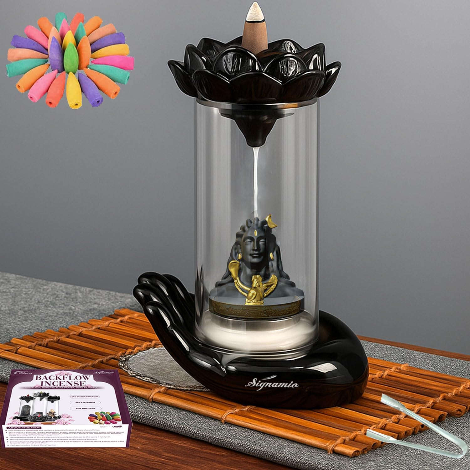 Signamio Adiyogi Shiva Backflow Smoke Fountain - Ceramic Shivling Fountain with 30 Cones, Lord Shiva Idols for Home Decor, Spiritual Mahadev Murti for Meditation and Relaxation.