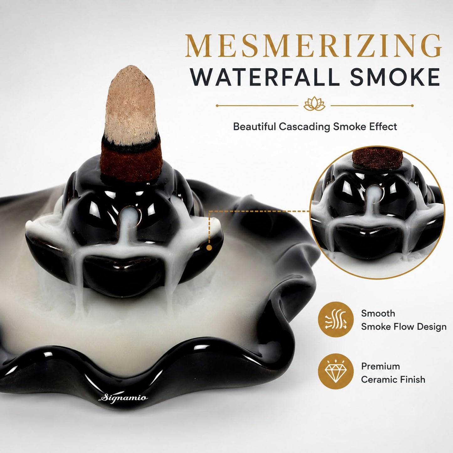 Signamio Ceramic Decorative Incense Stick Stand with Backflow Incense Smoke Fountain - 30 Cones Included for Pooja Meditation, Backflow Incense Burner Holder for Decor